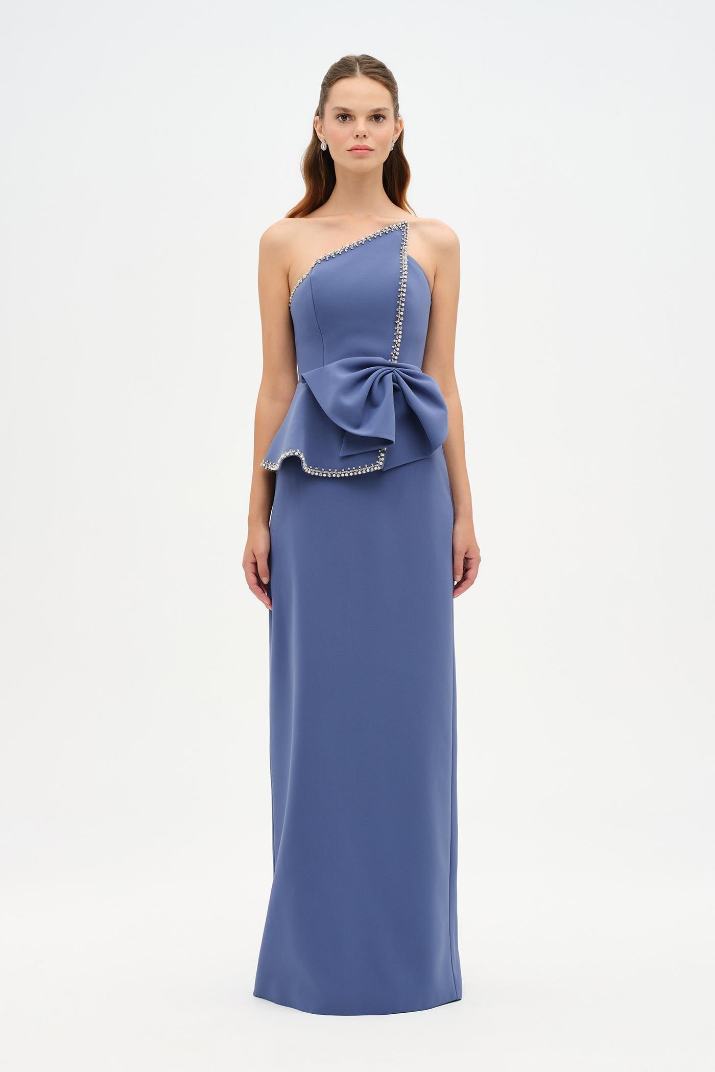 Elegant Formal Dress with Stone Details and Back Bow Detail - 26115C