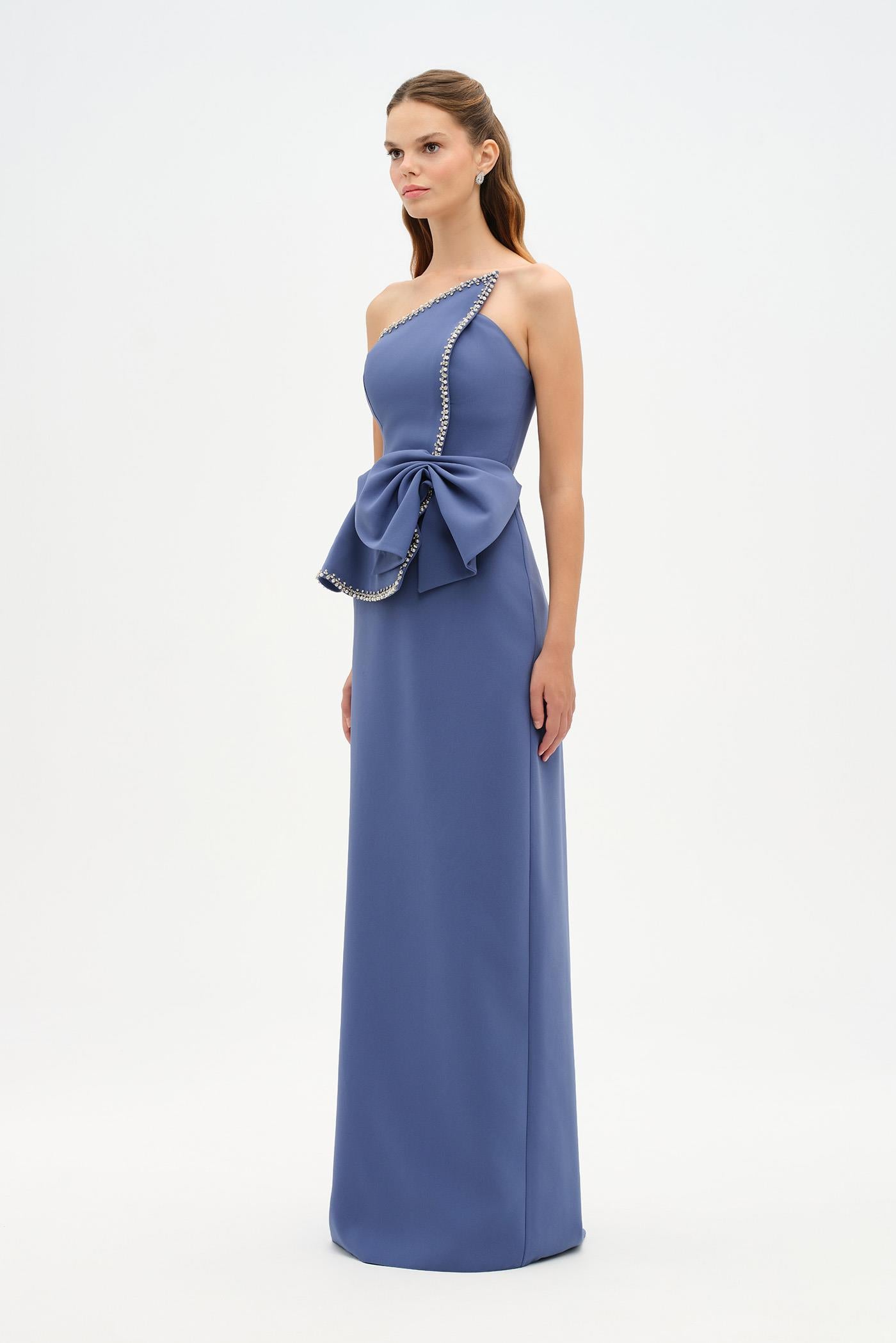 Elegant Formal Dress with Stone Details and Back Bow Detail - 26115C