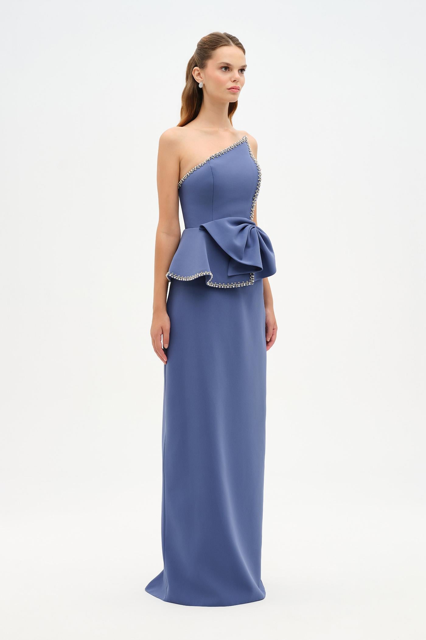 Elegant Formal Dress with Stone Details and Back Bow Detail - 26115C