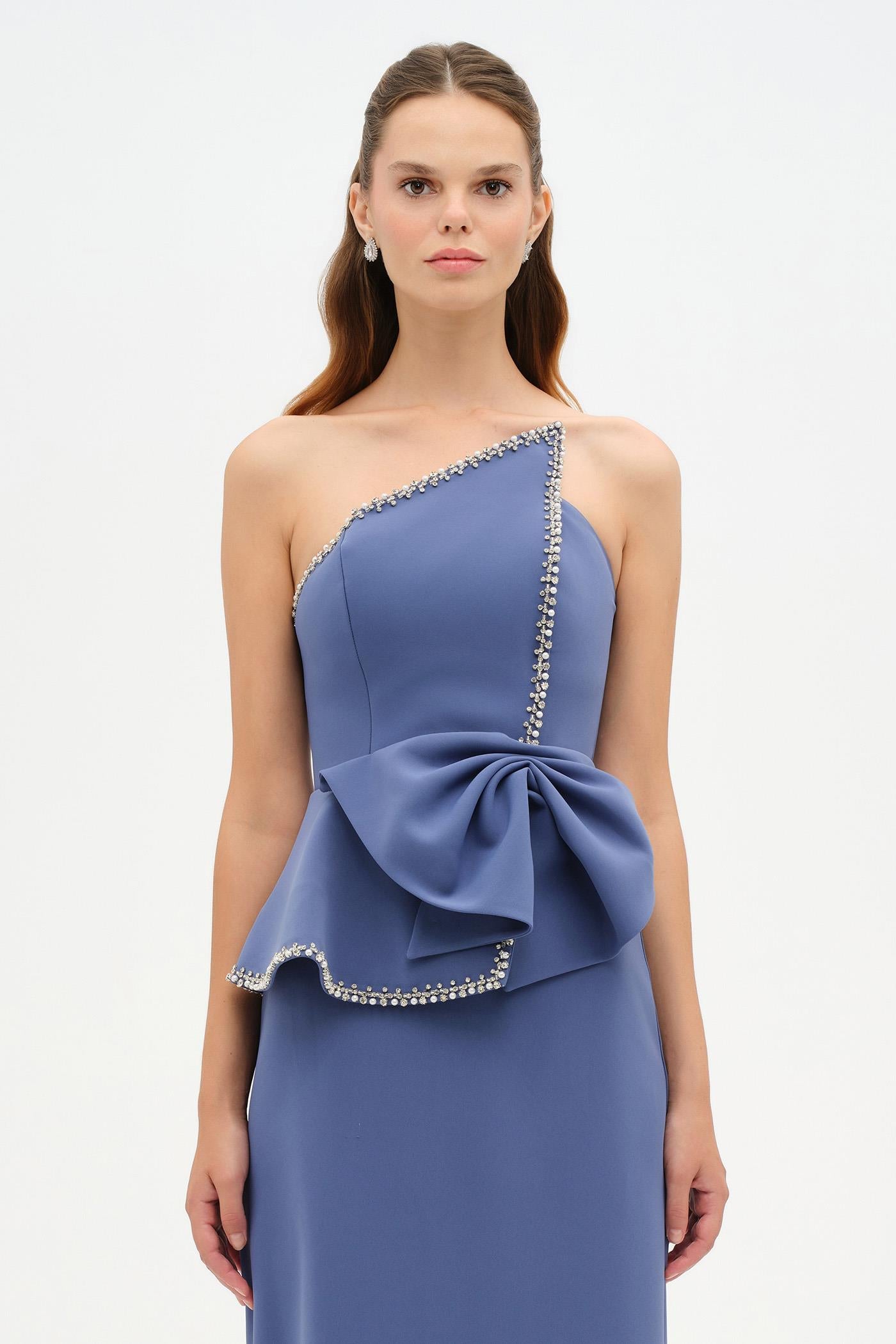 Elegant Formal Dress with Stone Details and Back Bow Detail - 26115C