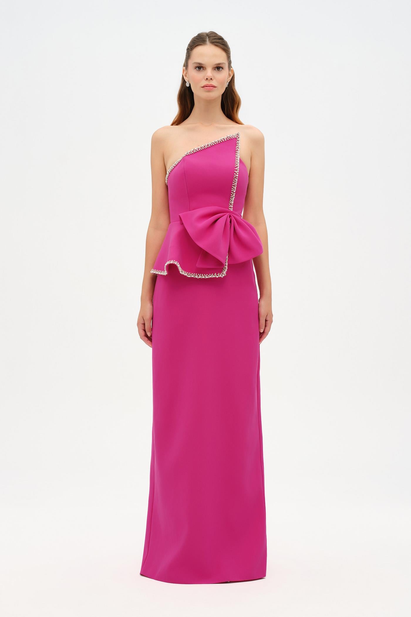 Elegant Formal Dress with Stone Details and Back Bow Detail - 26115C