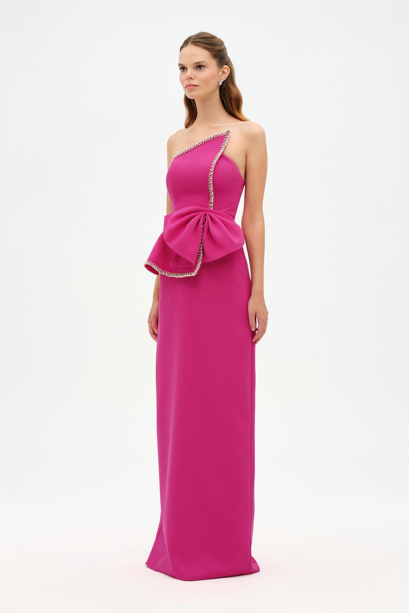 Elegant Formal Dress with Stone Details and Back Bow Detail - 26115C