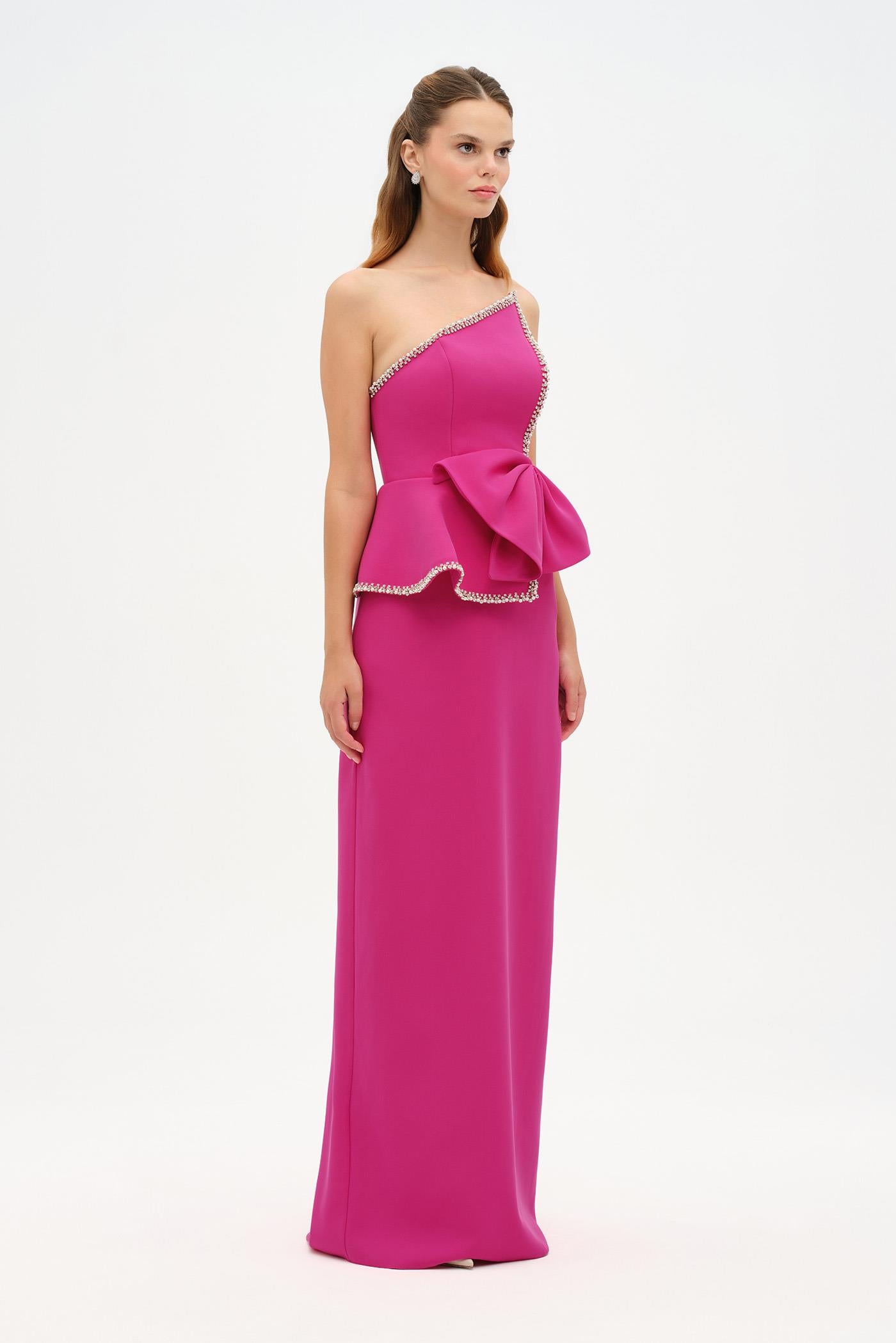 Elegant Formal Dress with Stone Details and Back Bow Detail - 26115C