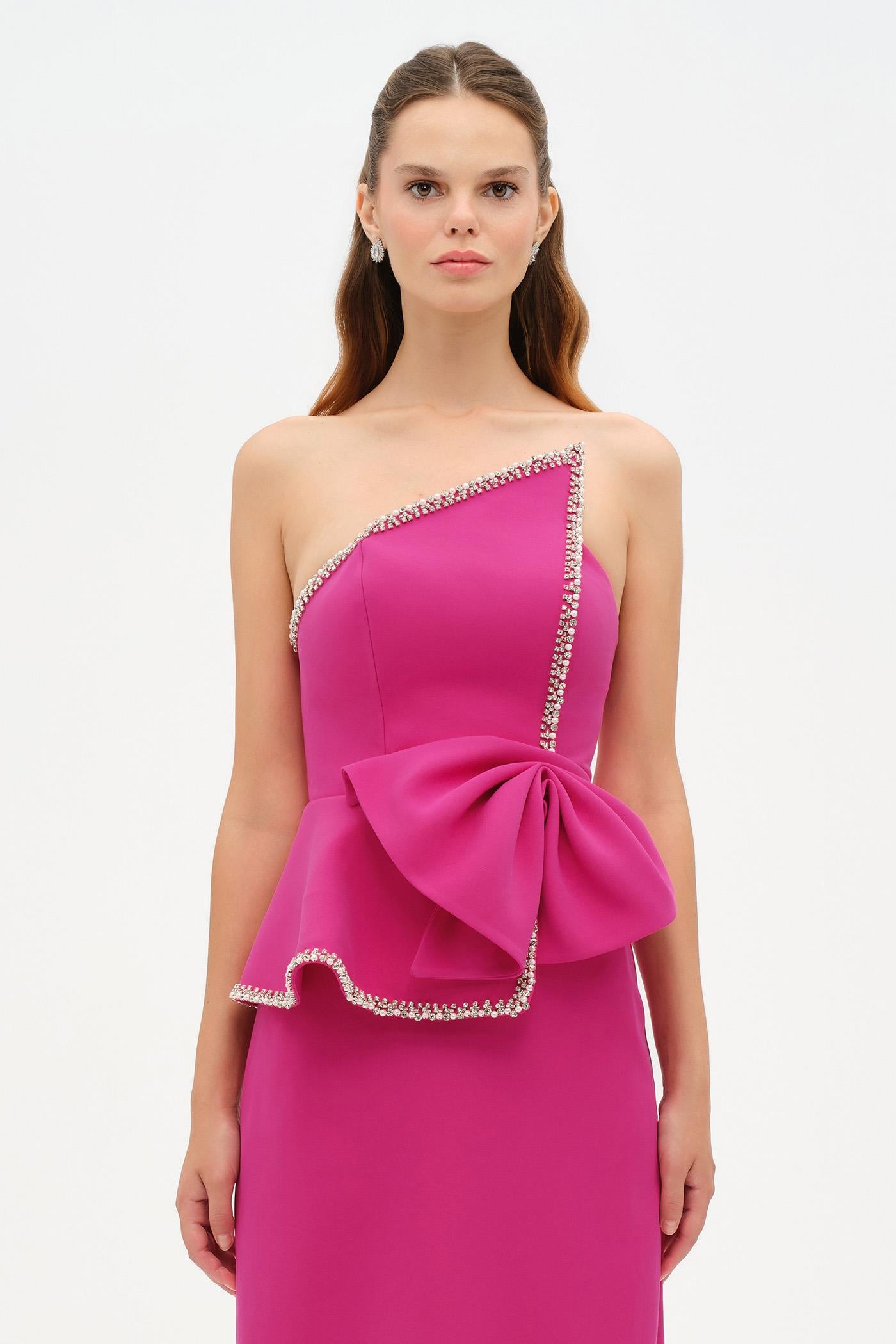 Elegant Formal Dress with Stone Details and Back Bow Detail - 26115C