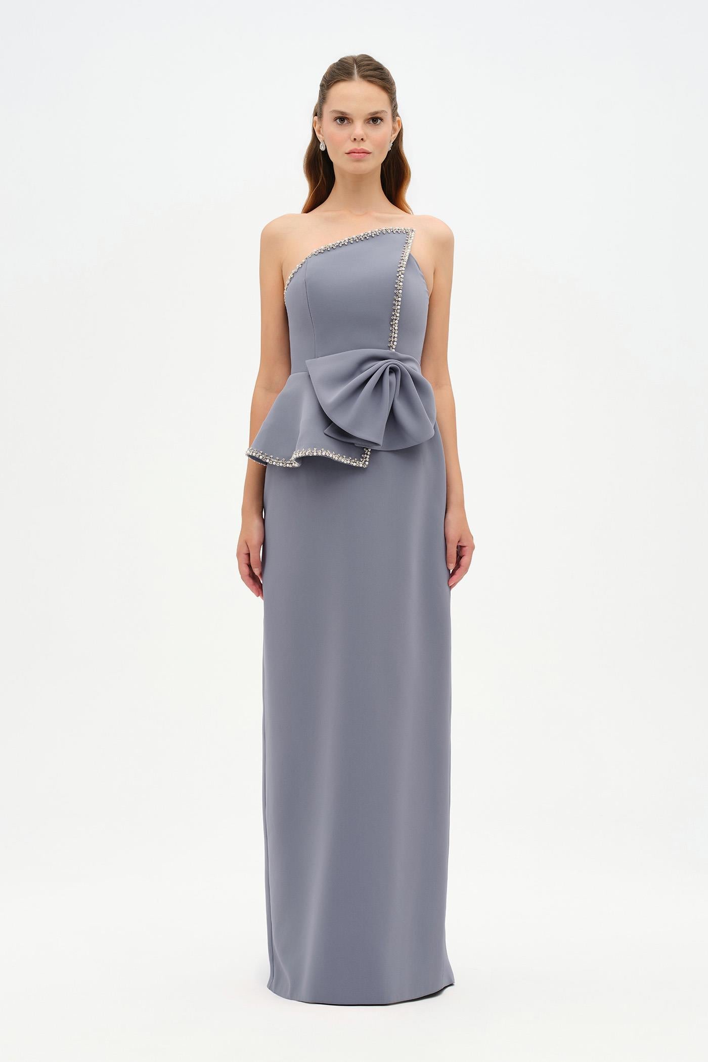 Elegant Formal Dress with Stone Details and Back Bow Detail - 26115C