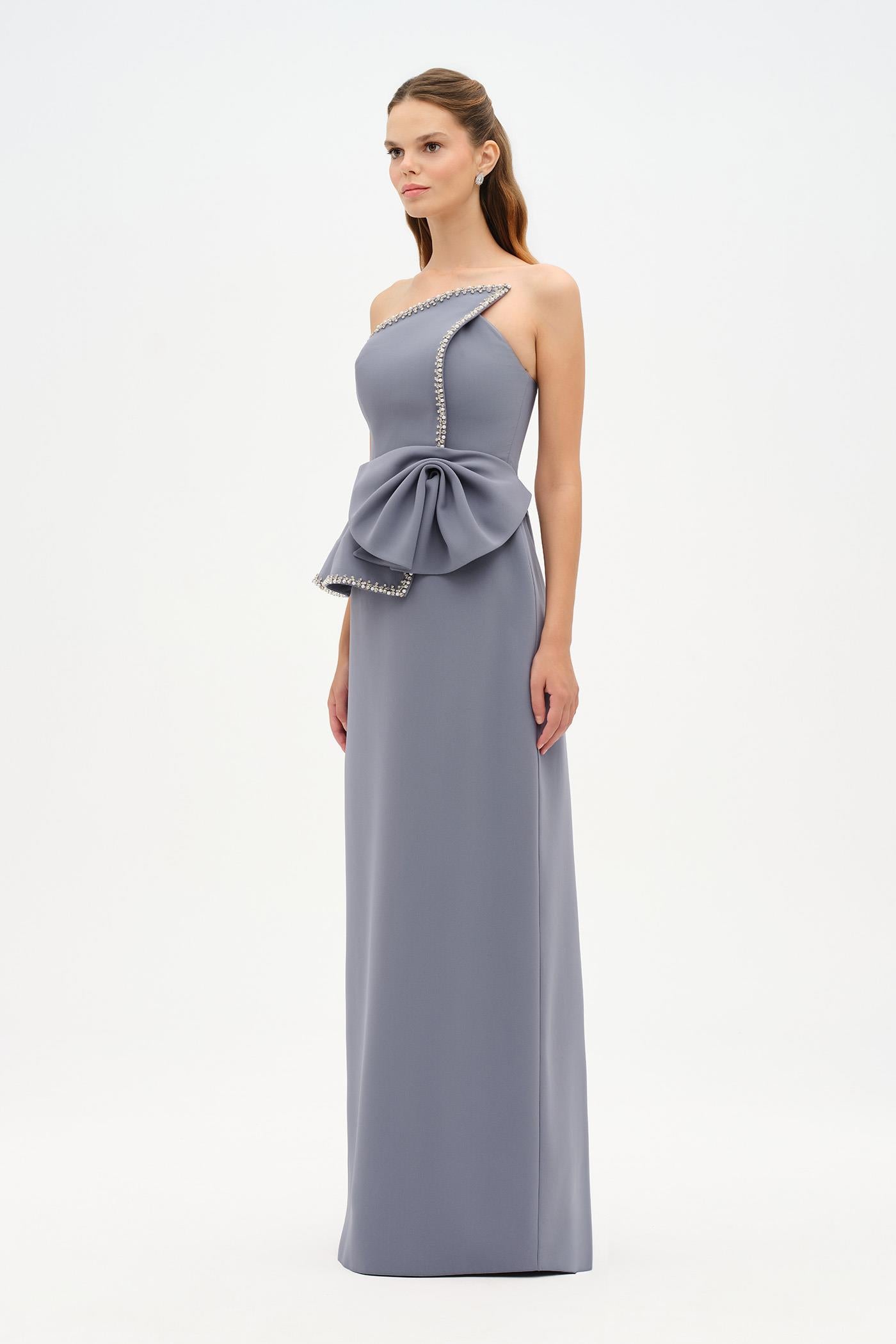 Elegant Formal Dress with Stone Details and Back Bow Detail - 26115C