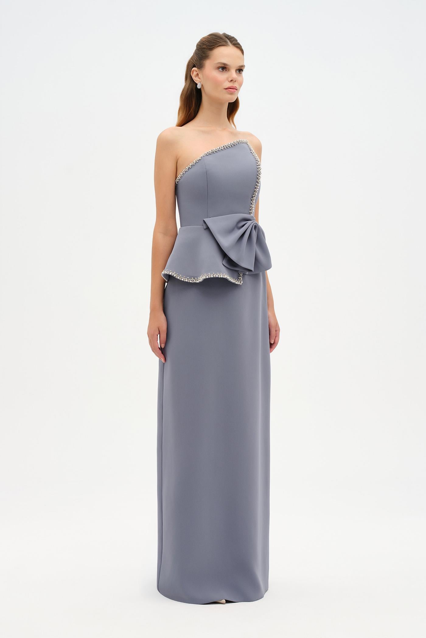 Elegant Formal Dress with Stone Details and Back Bow Detail - 26115C