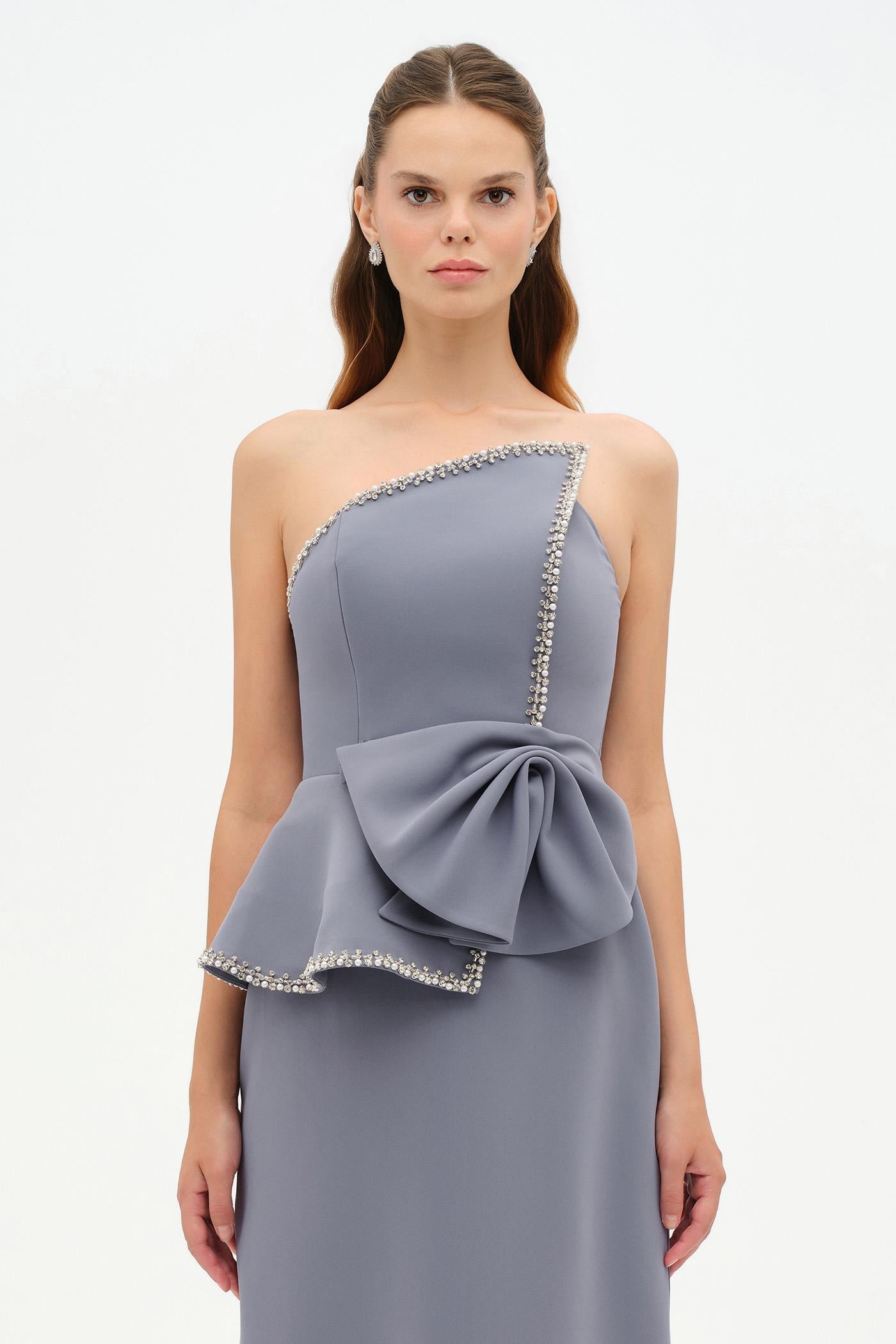 Elegant Formal Dress with Stone Details and Back Bow Detail - 26115C