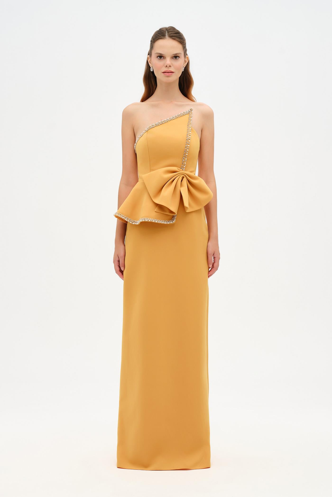 Elegant Formal Dress with Stone Details and Back Bow Detail - 26115C