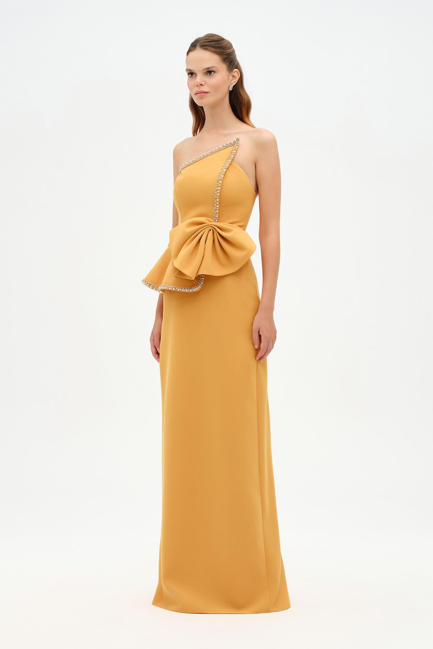 Elegant Formal Dress with Stone Details and Back Bow Detail - 26115C