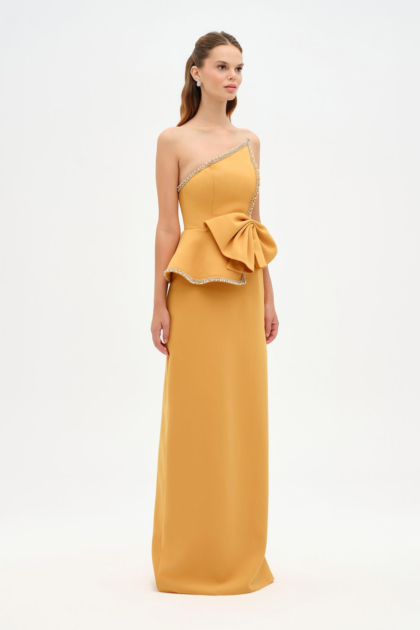 Elegant Formal Dress with Stone Details and Back Bow Detail - 26115C