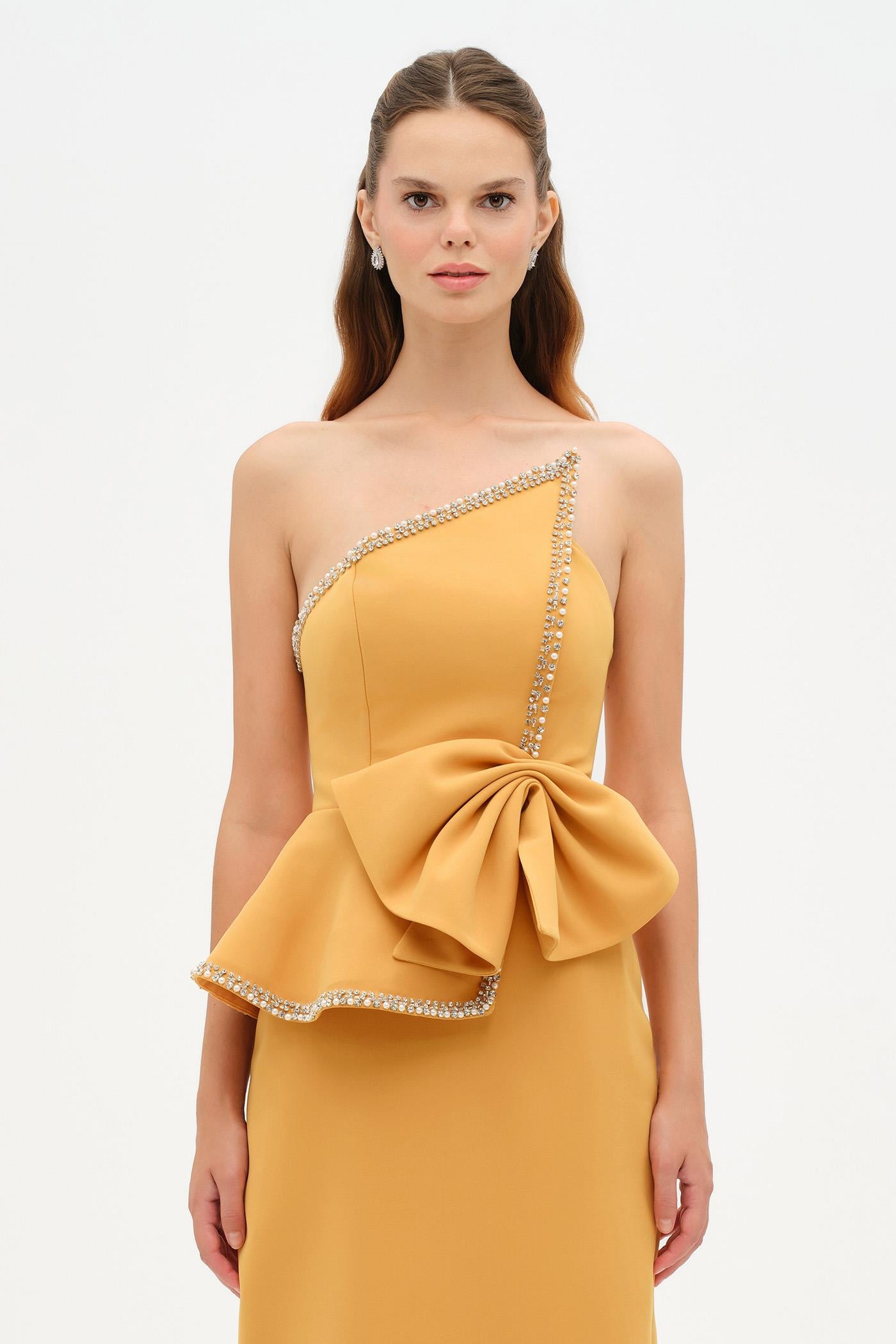 Elegant Formal Dress with Stone Details and Back Bow Detail - 26115C