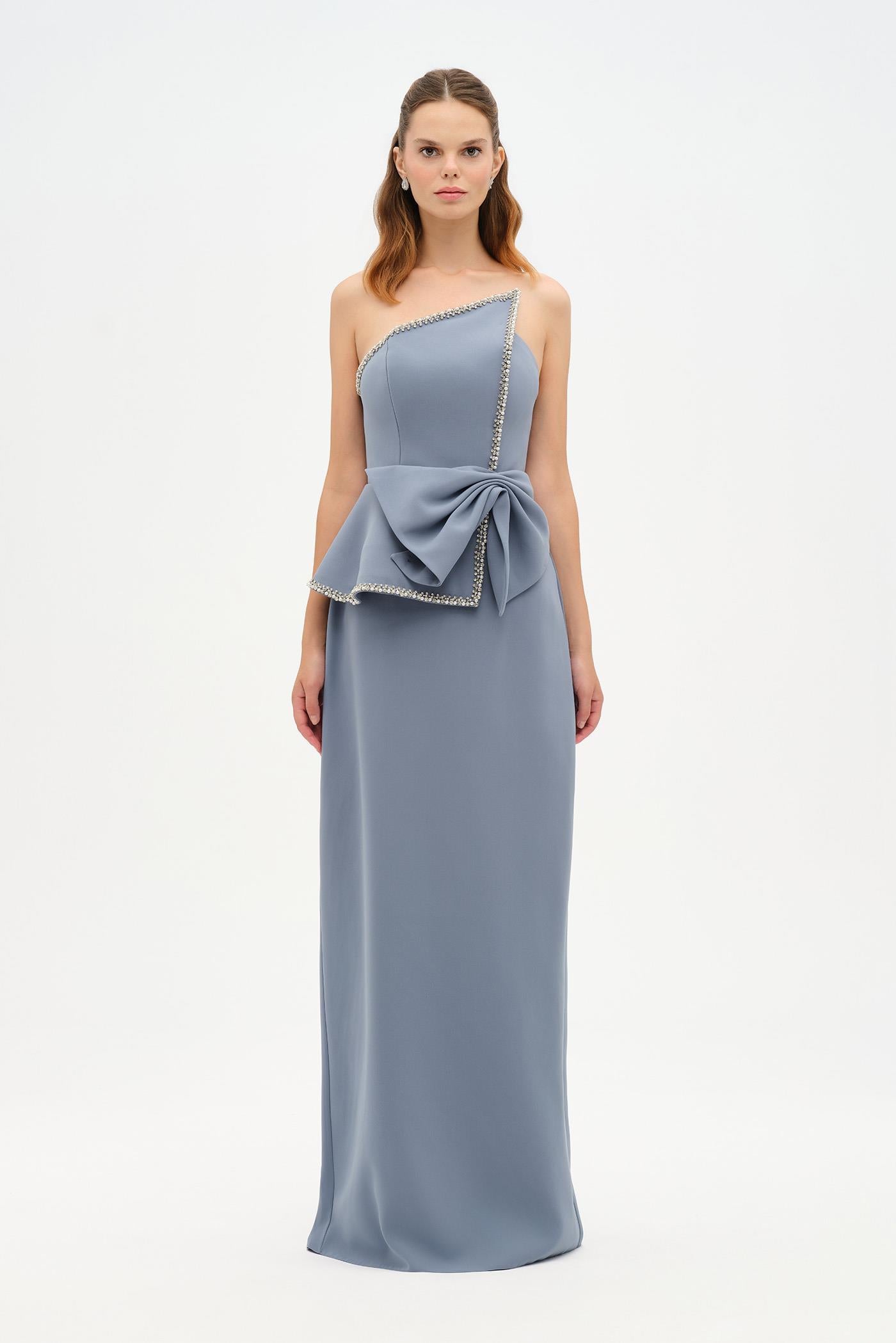 Elegant Formal Dress with Stone Details and Back Bow Detail - 26115C