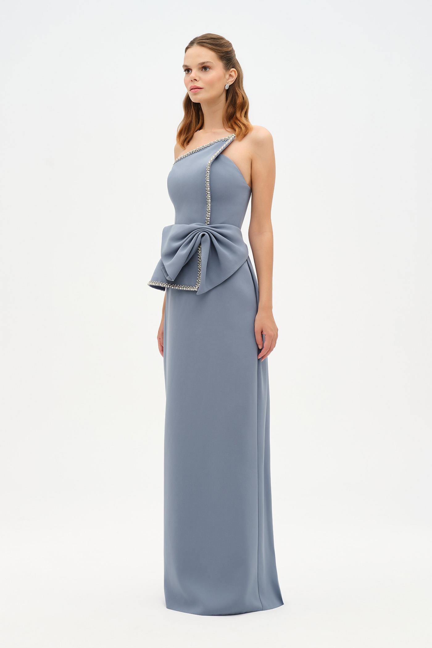 Elegant Formal Dress with Stone Details and Back Bow Detail - 26115C