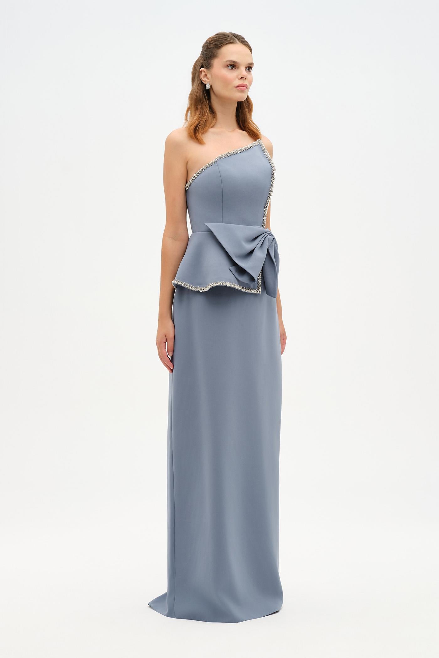 Elegant Formal Dress with Stone Details and Back Bow Detail - 26115C