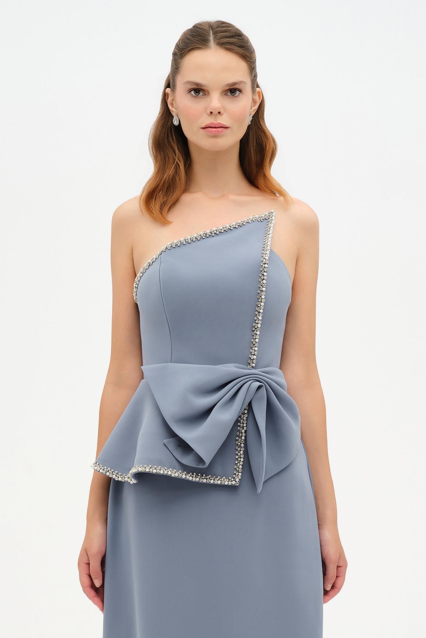 Elegant Formal Dress with Stone Details and Back Bow Detail - 26115C