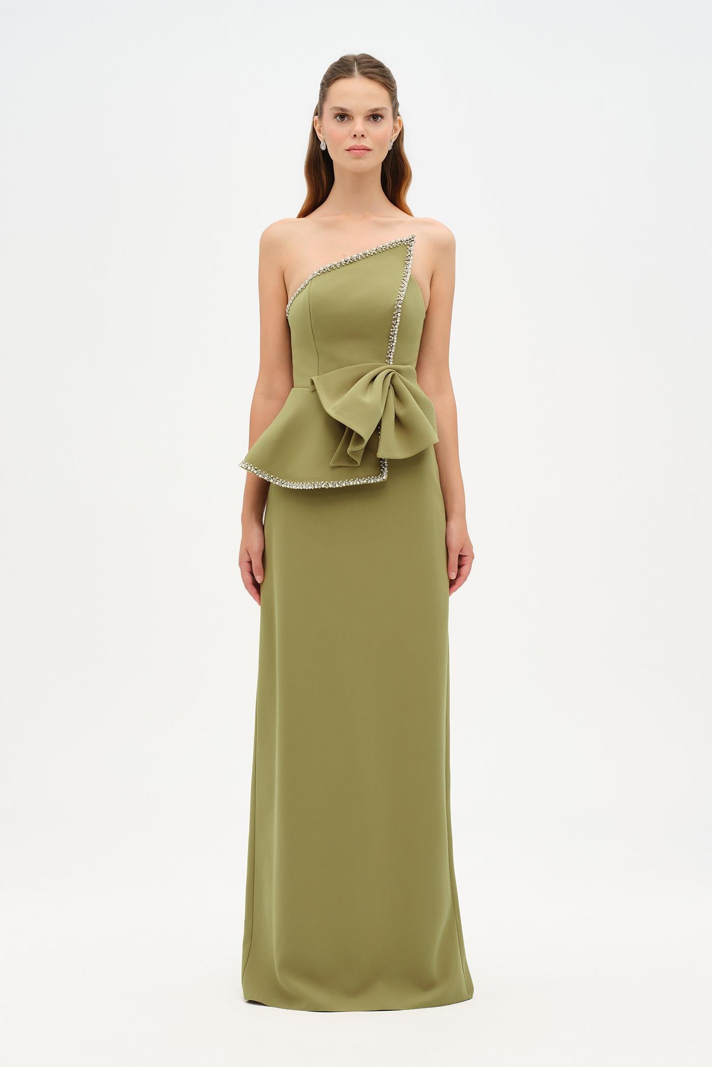 Elegant Formal Dress with Stone Details and Back Bow Detail - 26115C