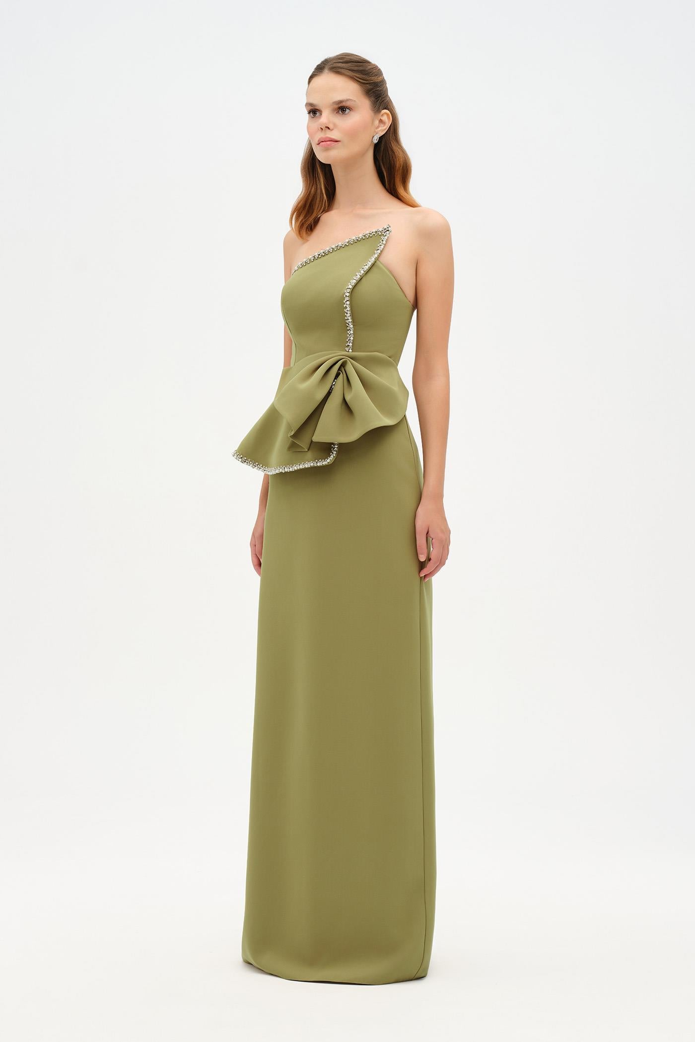 Elegant Formal Dress with Stone Details and Back Bow Detail - 26115C