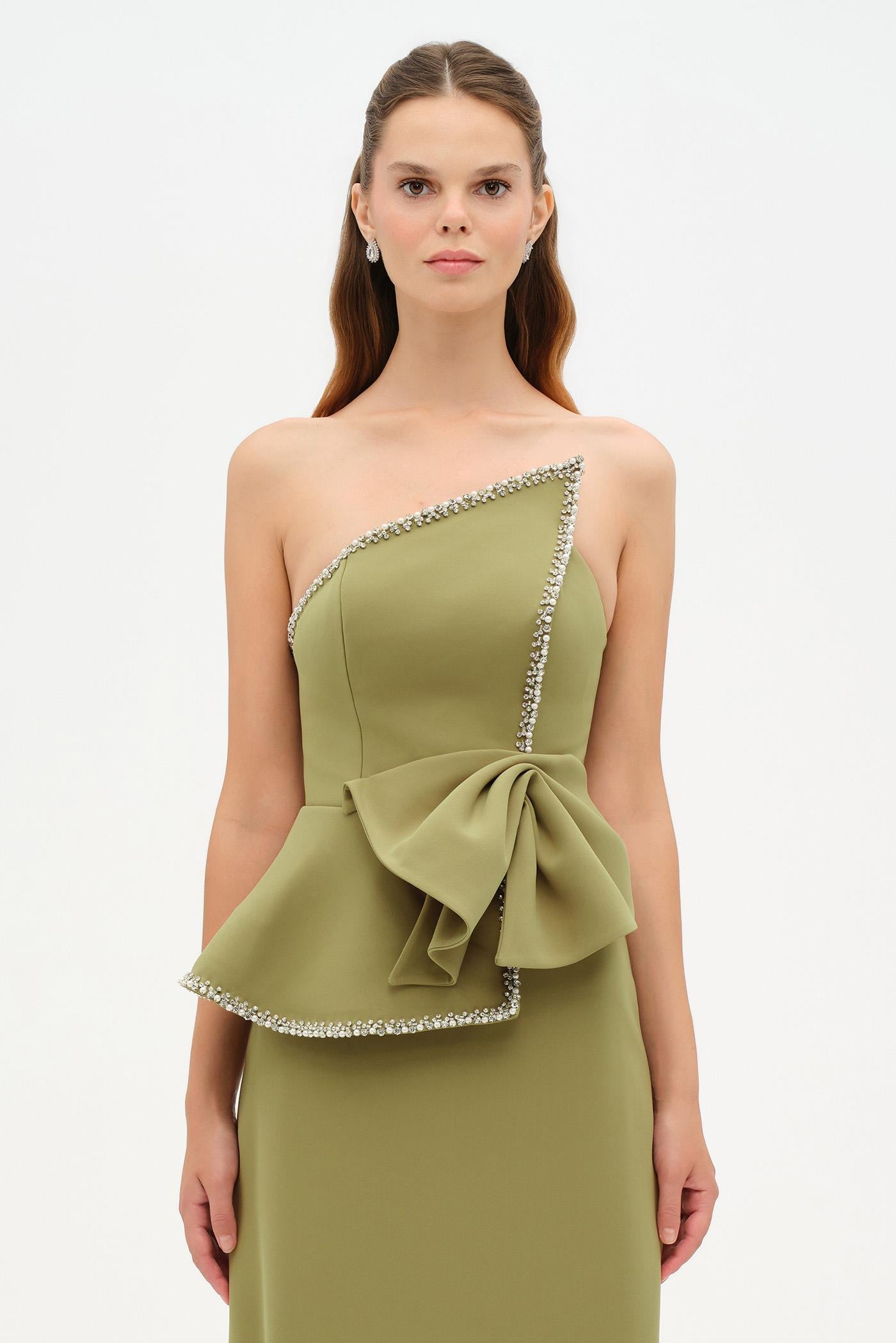 Elegant Formal Dress with Stone Details and Back Bow Detail - 26115C