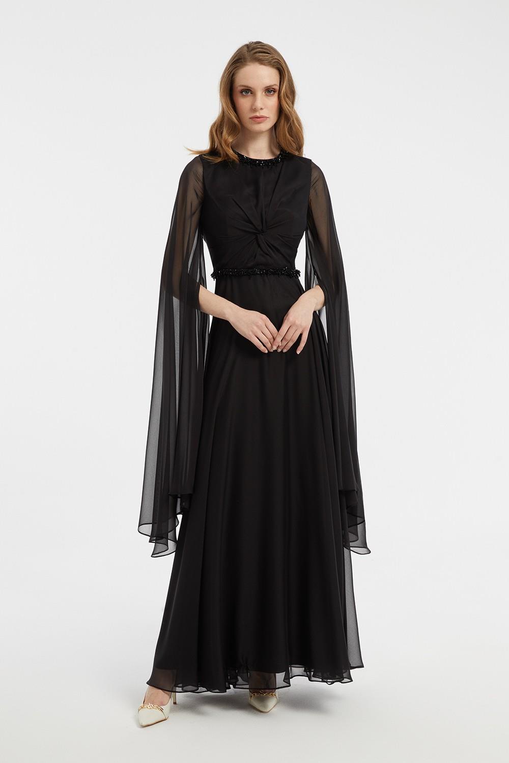 Bel İşlemeli Transparan Kol Detaylı Şifon Uzun Abiye Elbise - 