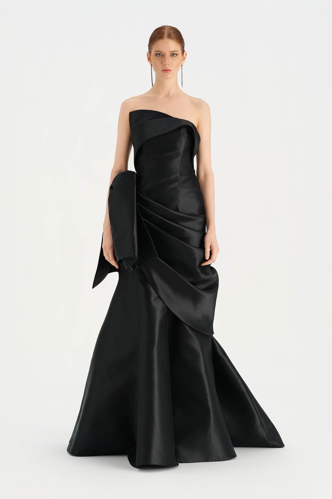 Waistband Bow-Detailed Pleated Draped Taffeta Evening Dress - 26085C