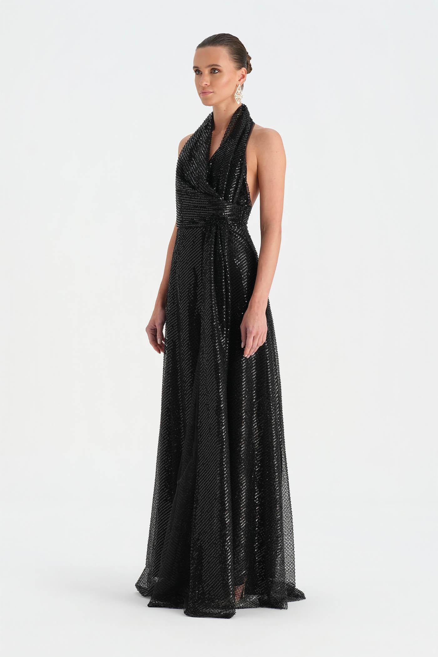 Long Evening Dress with Stone Neck Straps - 26050C