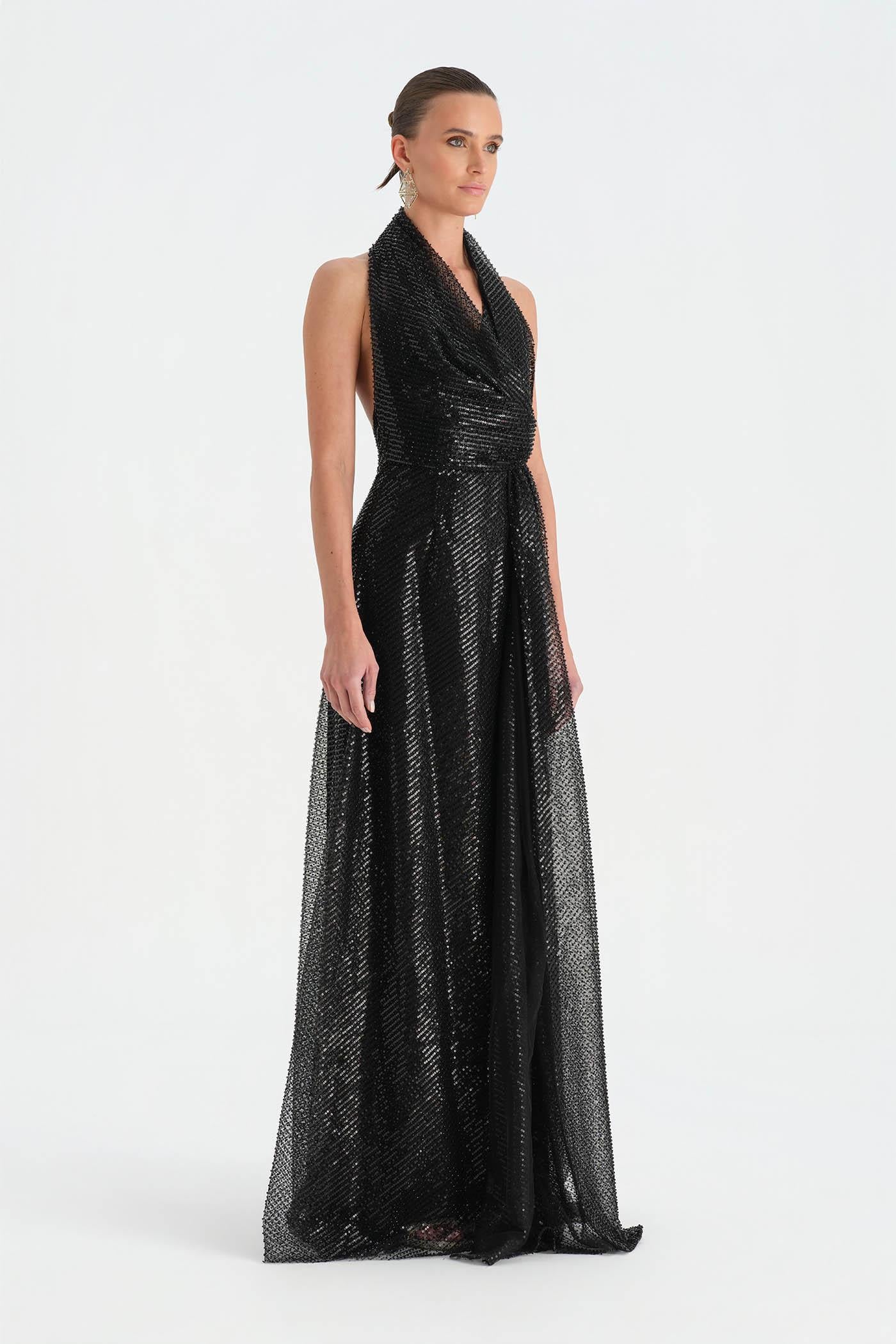 Long Evening Dress with Stone Neck Straps - 26050C