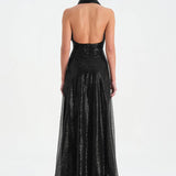 Long Evening Dress with Stone Neck Straps - 26050C
