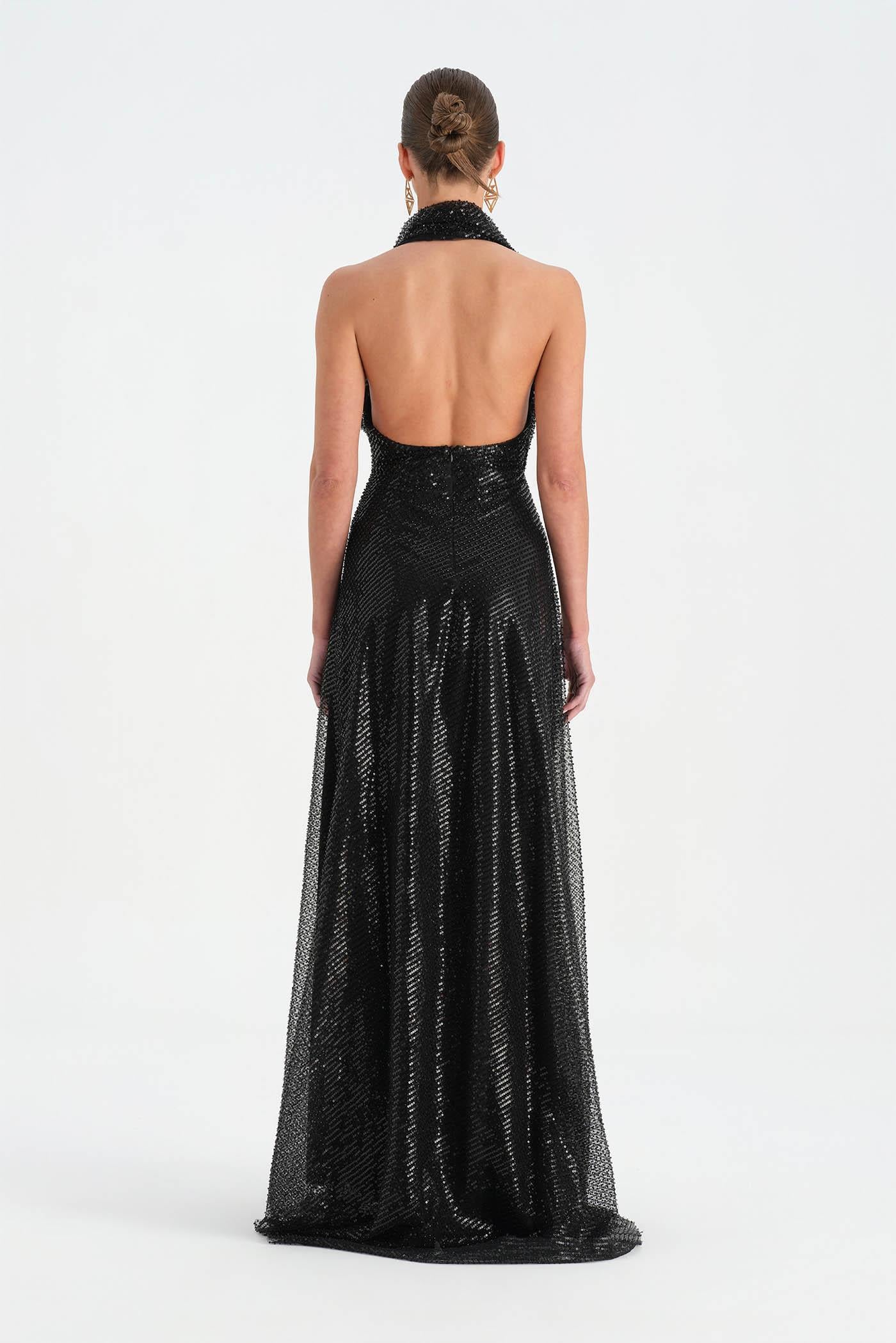 Long Evening Dress with Stone Neck Straps - 26050C