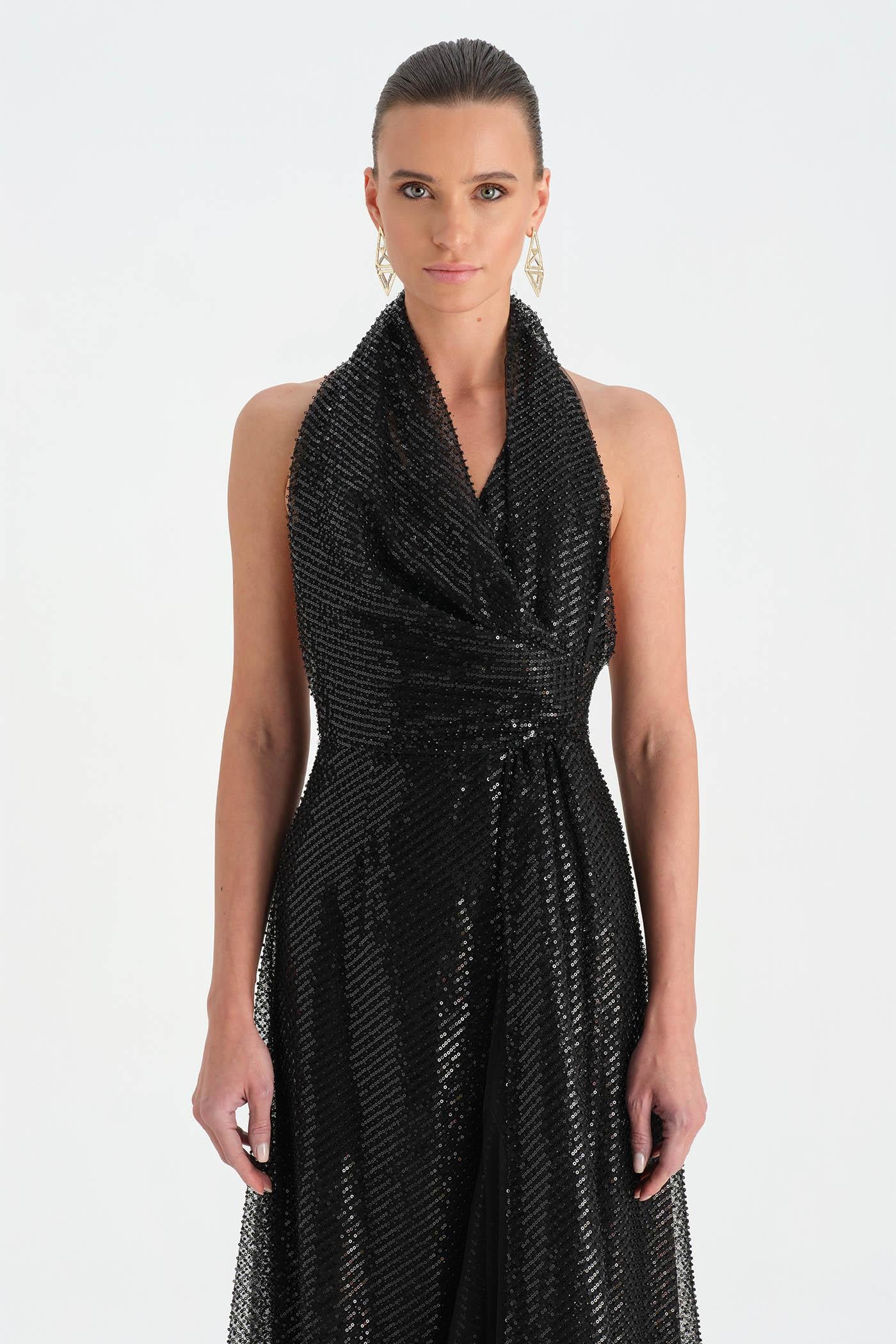 Long Evening Dress with Stone Neck Straps - 26050C