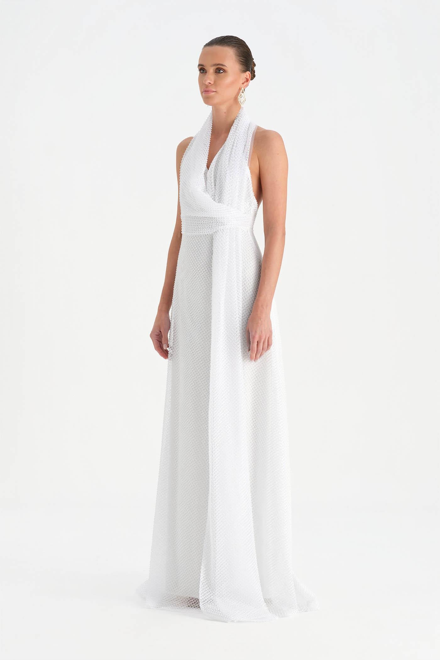 Long Evening Dress with Stone Neck Straps - 26050C