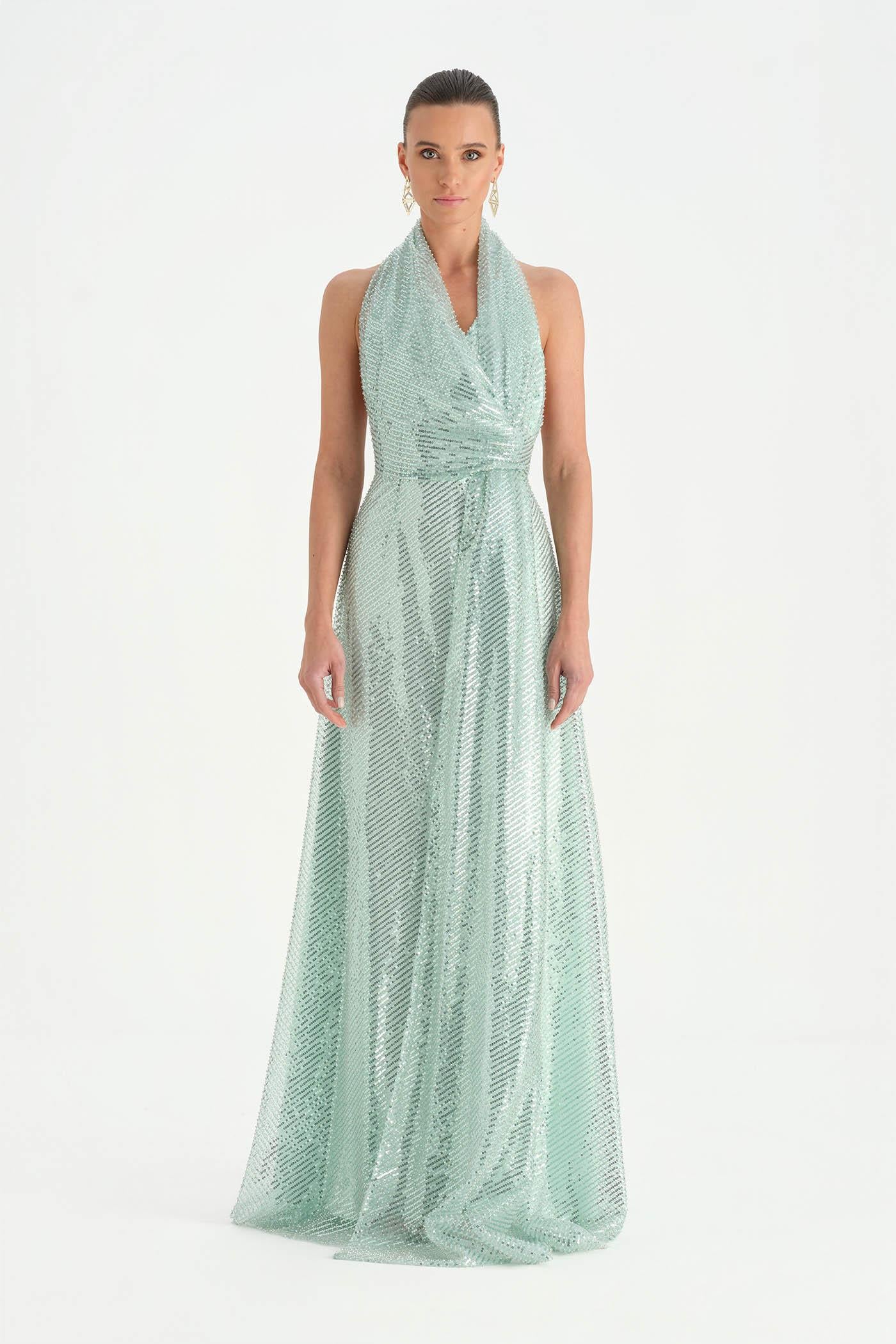 Long Evening Dress with Stone Neck Straps - 26050C