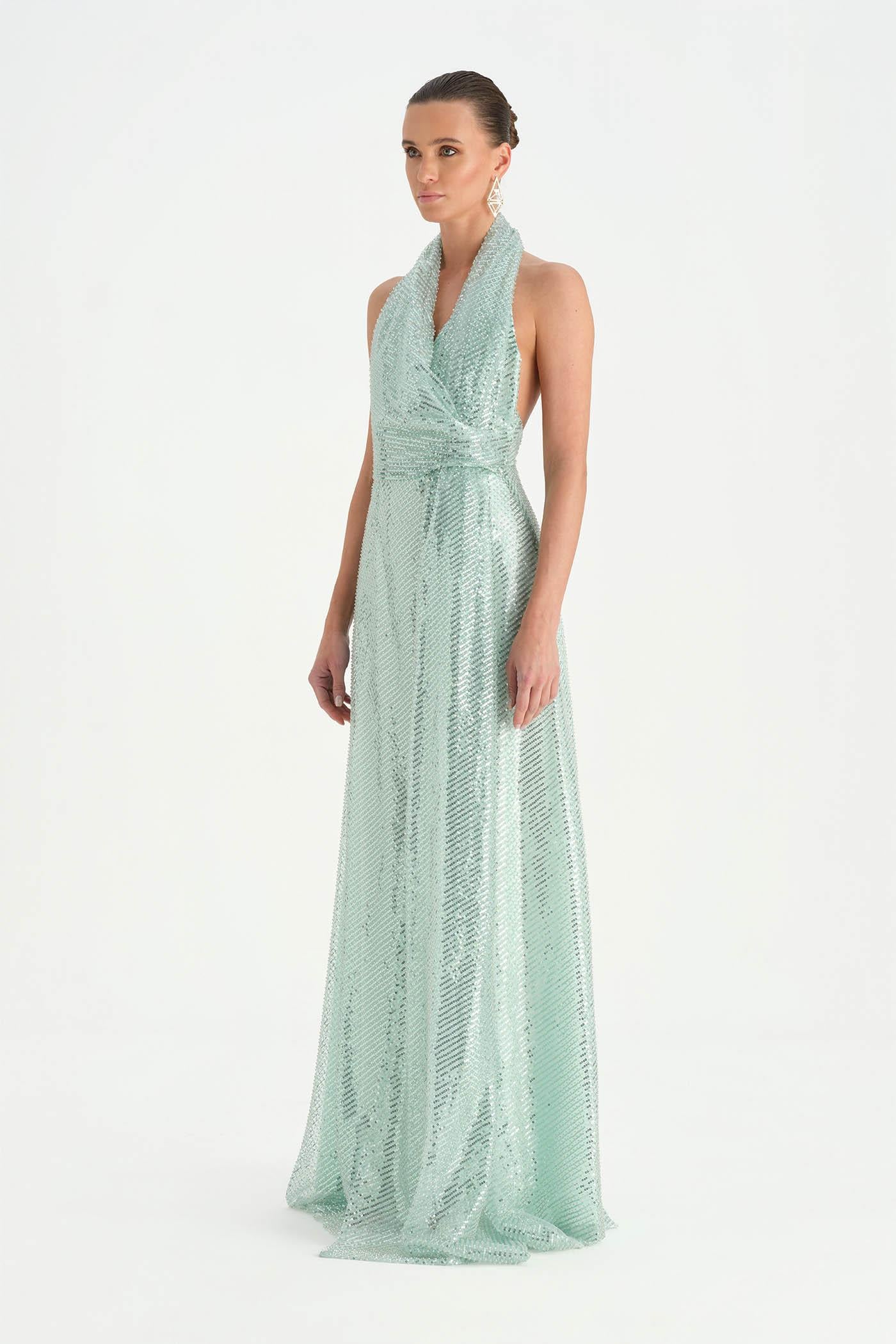 Long Evening Dress with Stone Neck Straps - 26050C