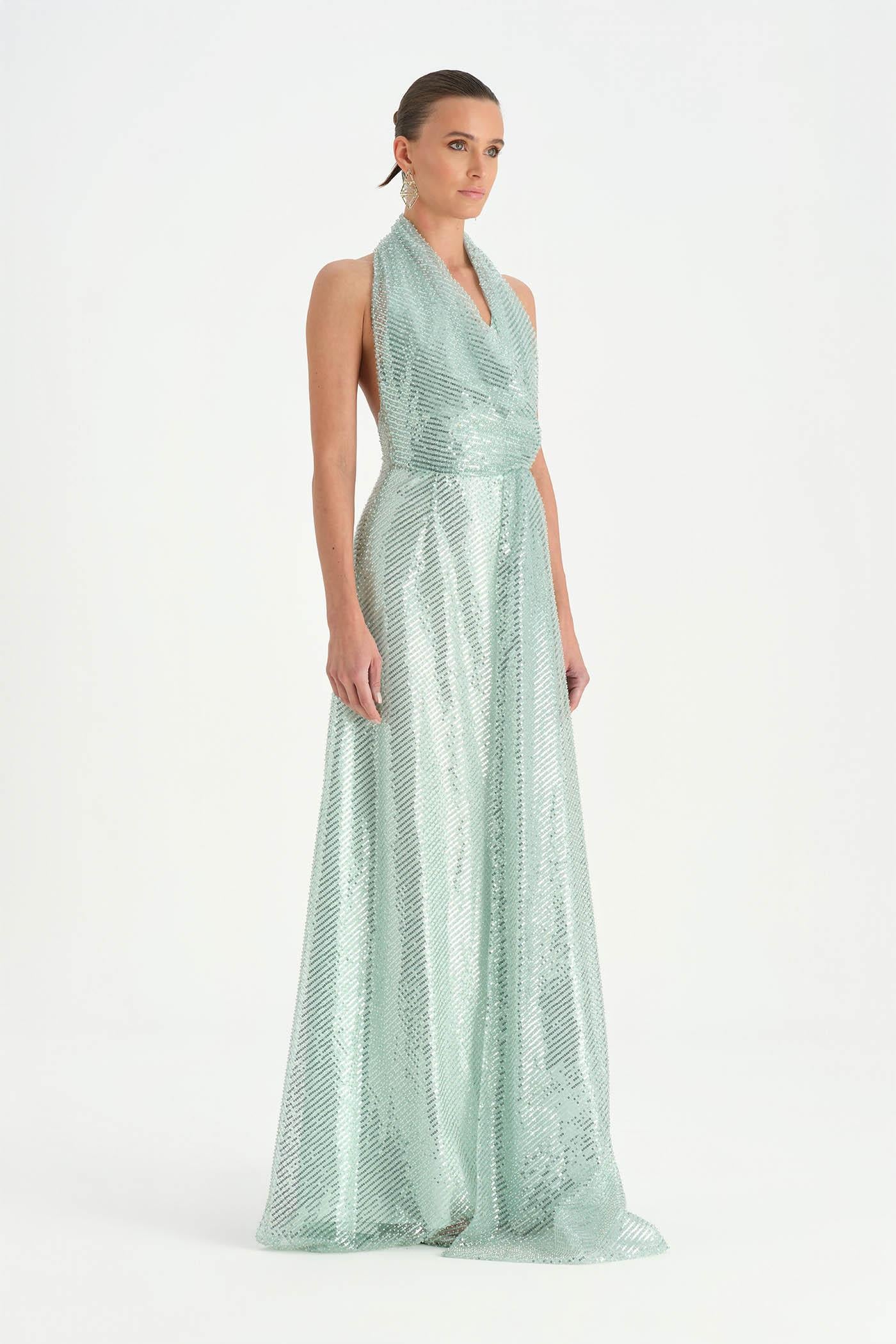 Long Evening Dress with Stone Neck Straps - 26050C