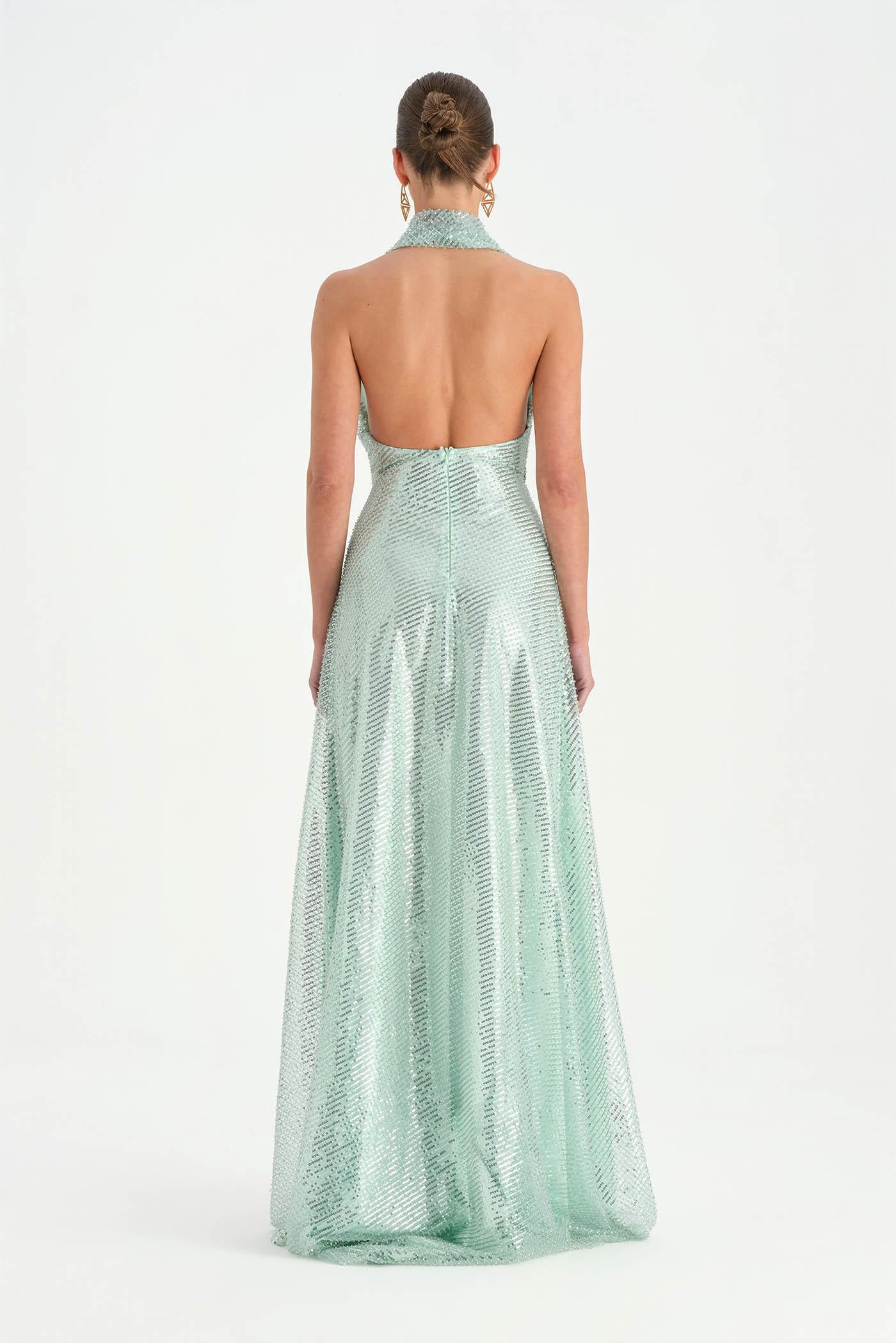 Long Evening Dress with Stone Neck Straps - 26050C