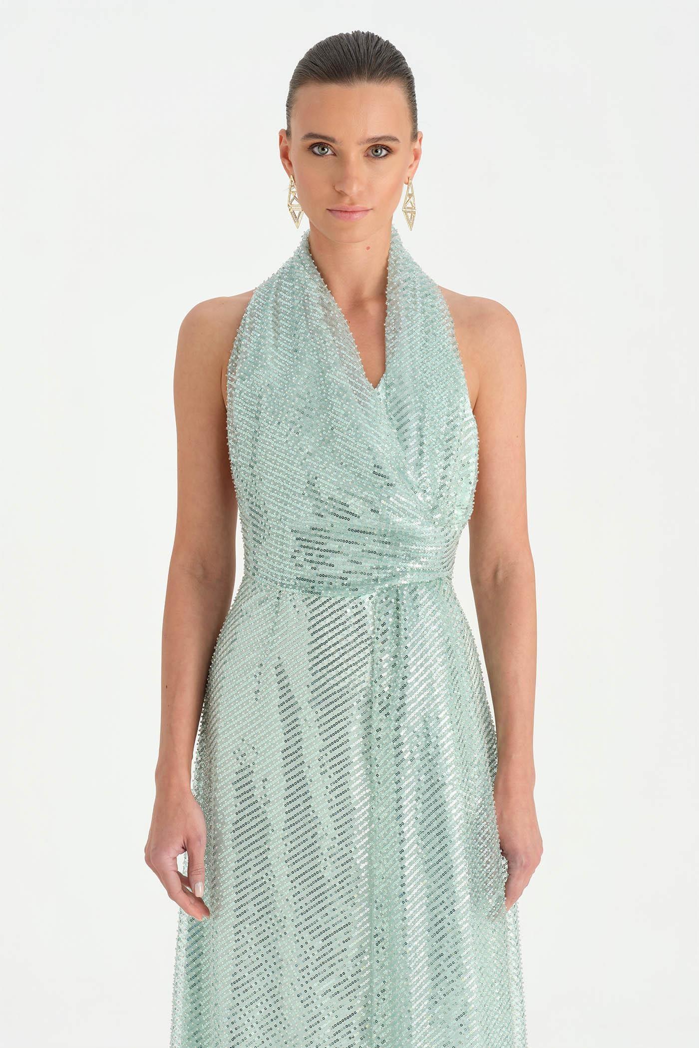 Long Evening Dress with Stone Neck Straps - 26050C