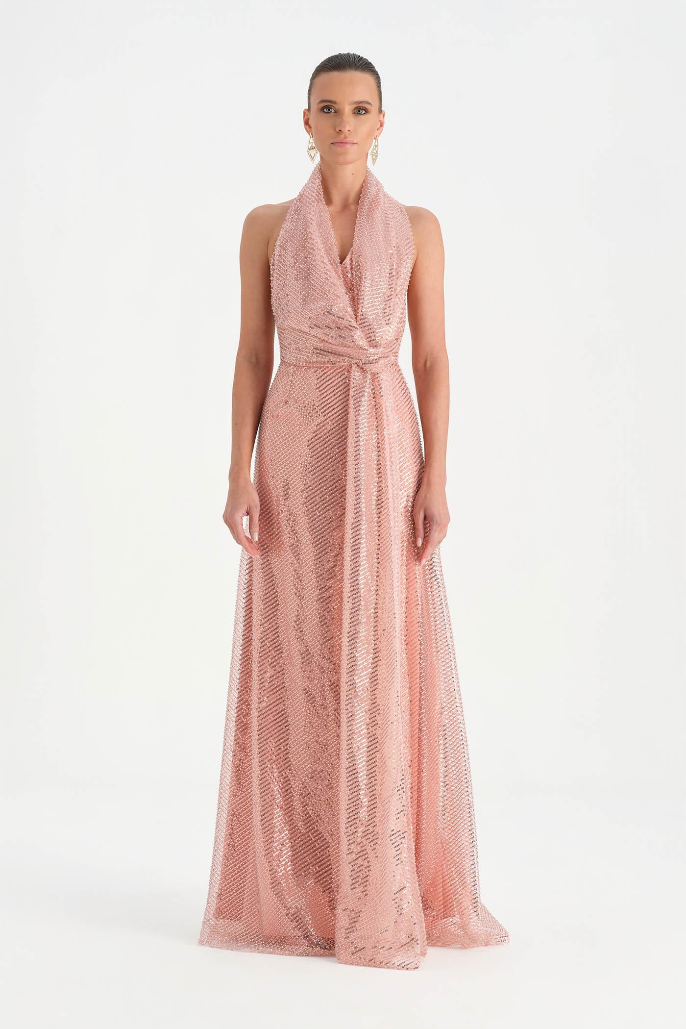 Long Evening Dress with Stone Neck Straps - 26050C
