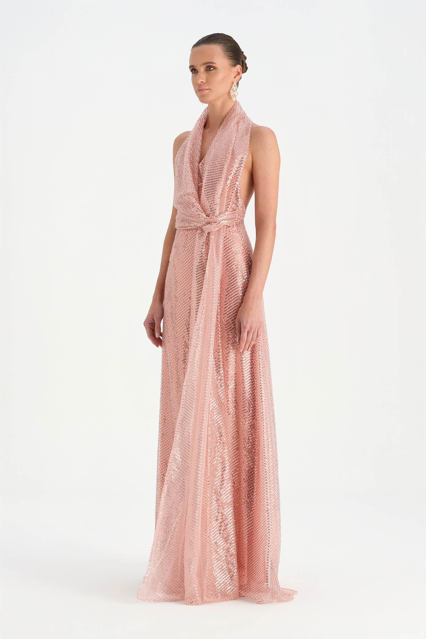 Long Evening Dress with Stone Neck Straps - 26050C