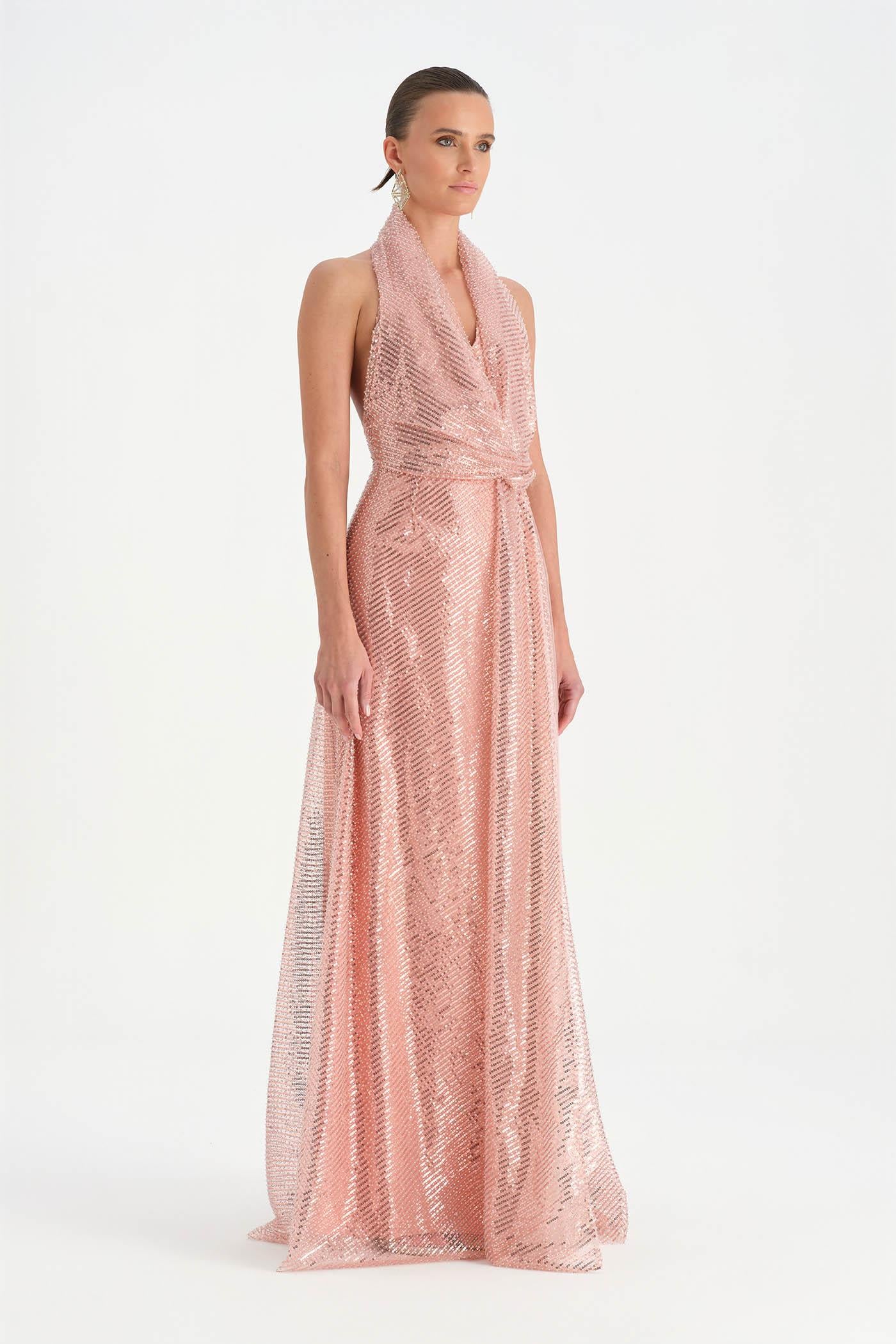 Long Evening Dress with Stone Neck Straps - 26050C