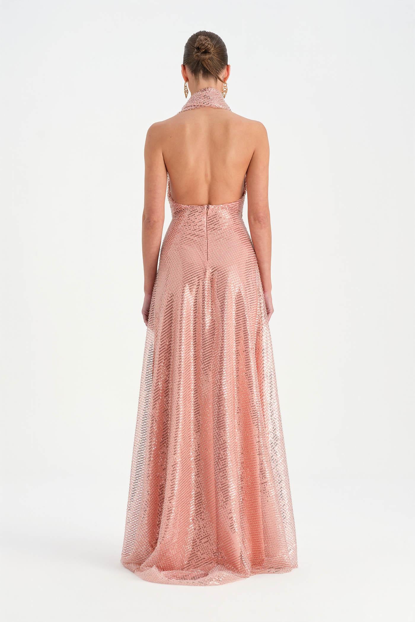 Long Evening Dress with Stone Neck Straps - 26050C