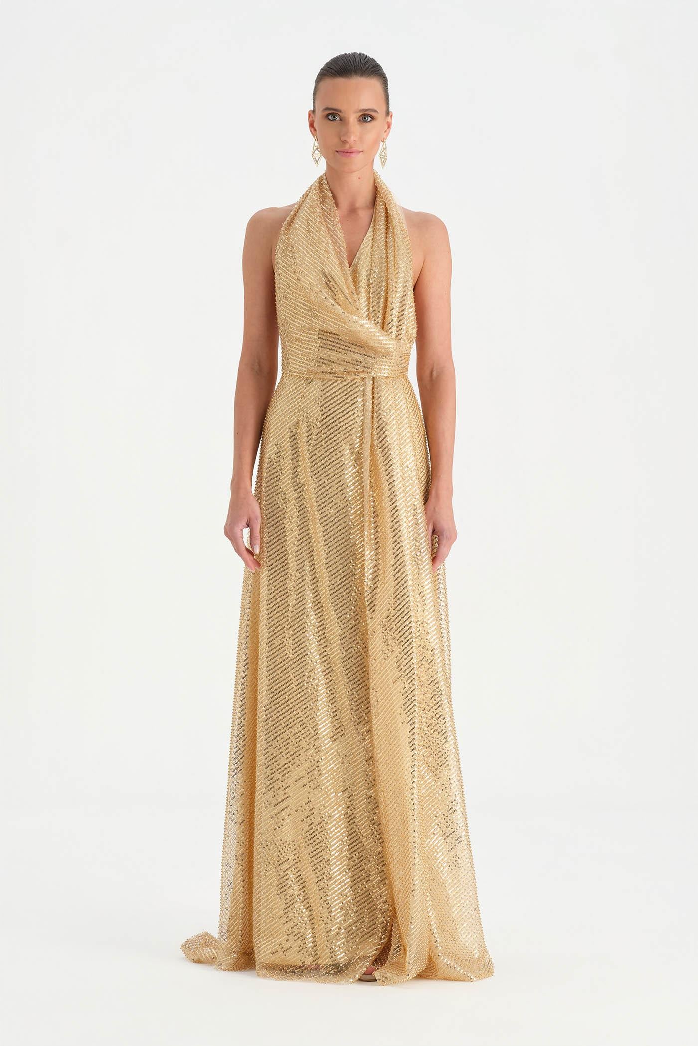 Long Evening Dress with Stone Neck Straps - 26050C