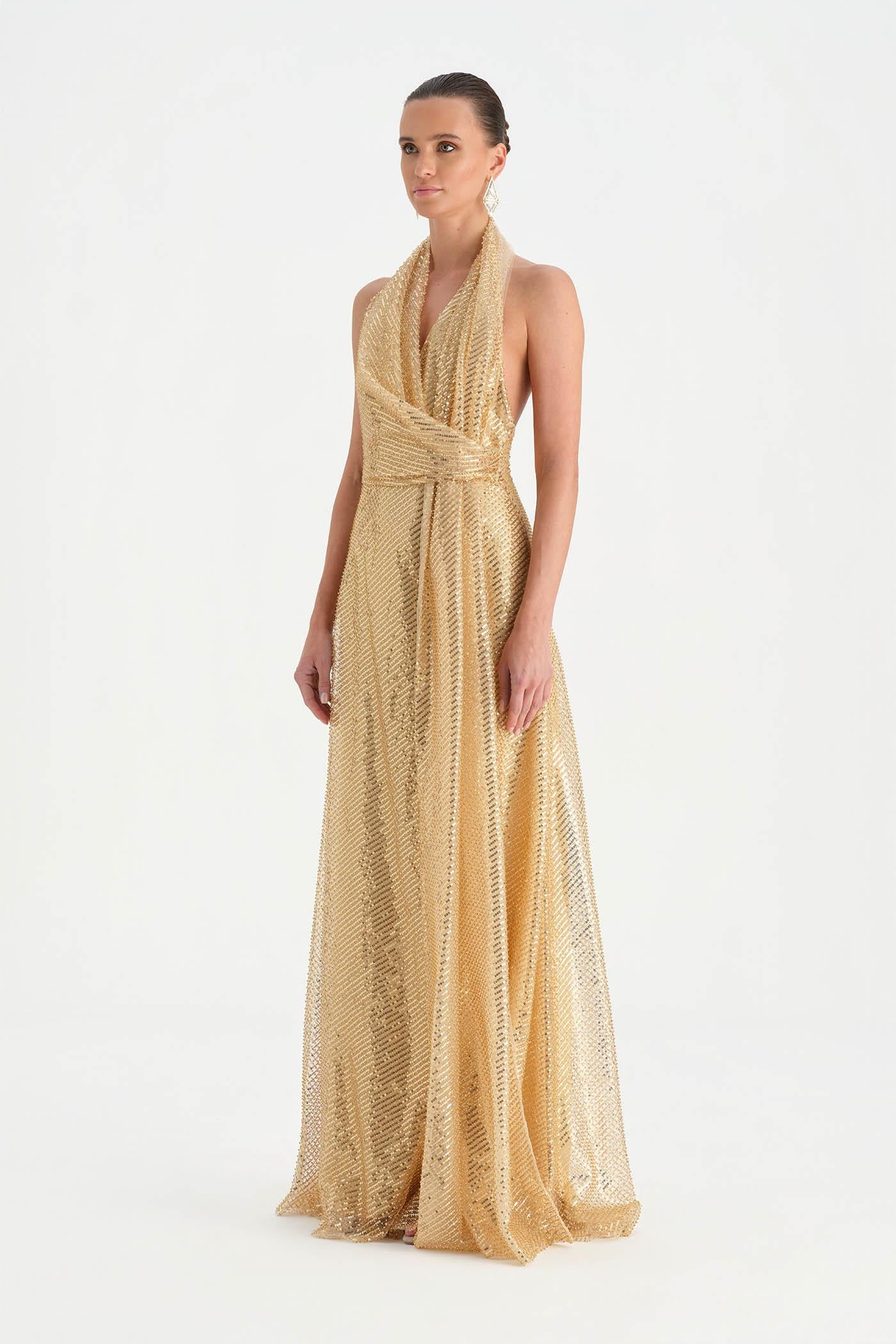 Long Evening Dress with Stone Neck Straps - 26050C
