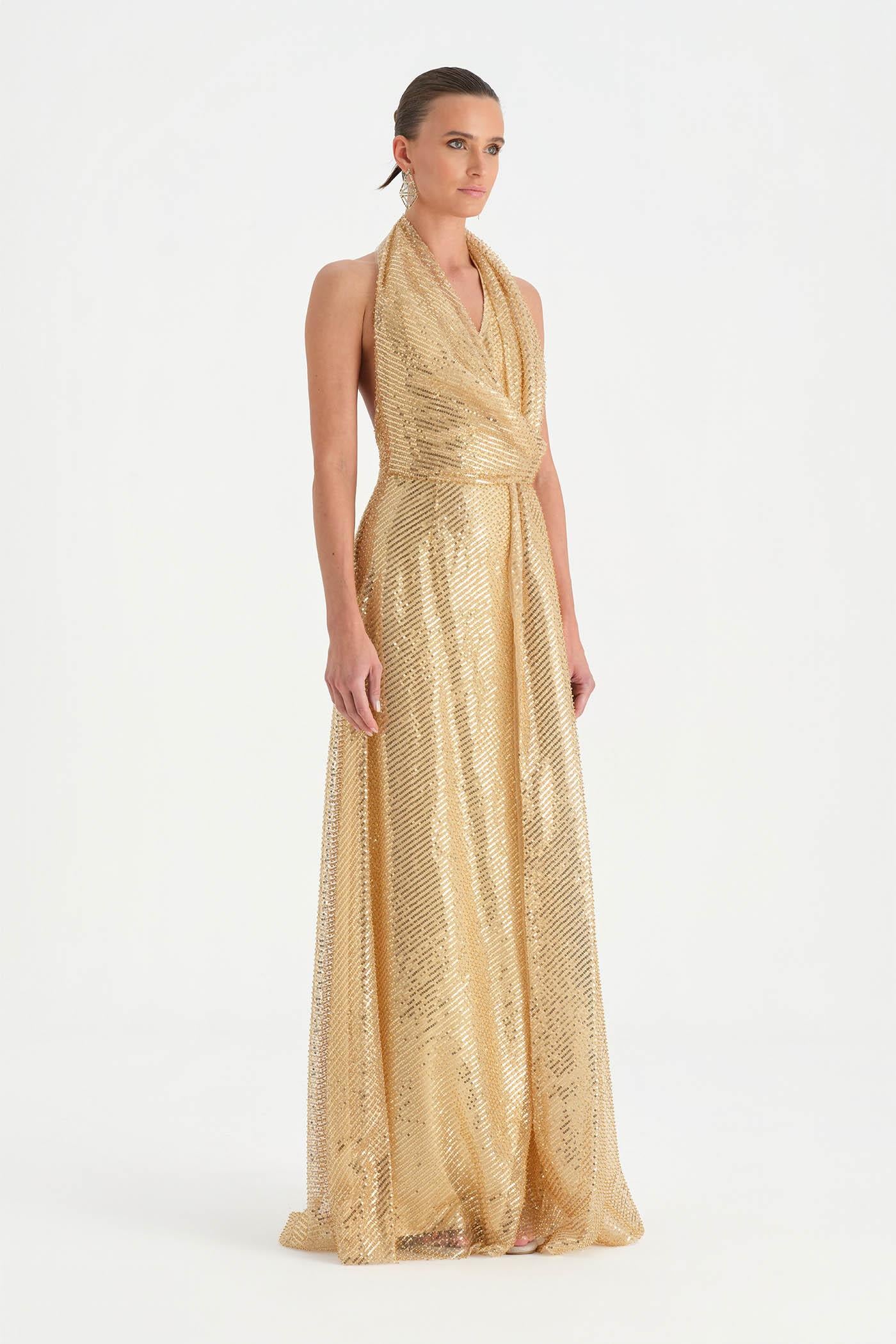 Long Evening Dress with Stone Neck Straps - 26050C