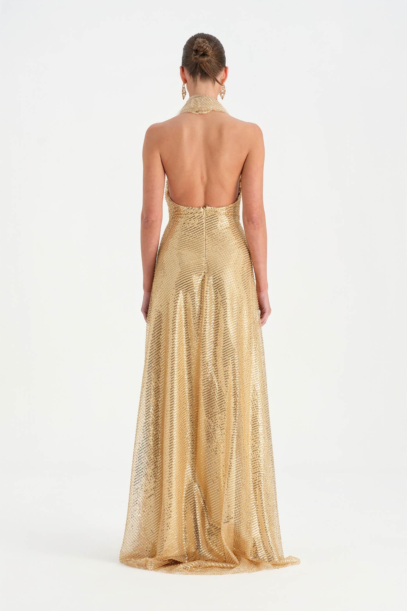 Long Evening Dress with Stone Neck Straps - 26050C