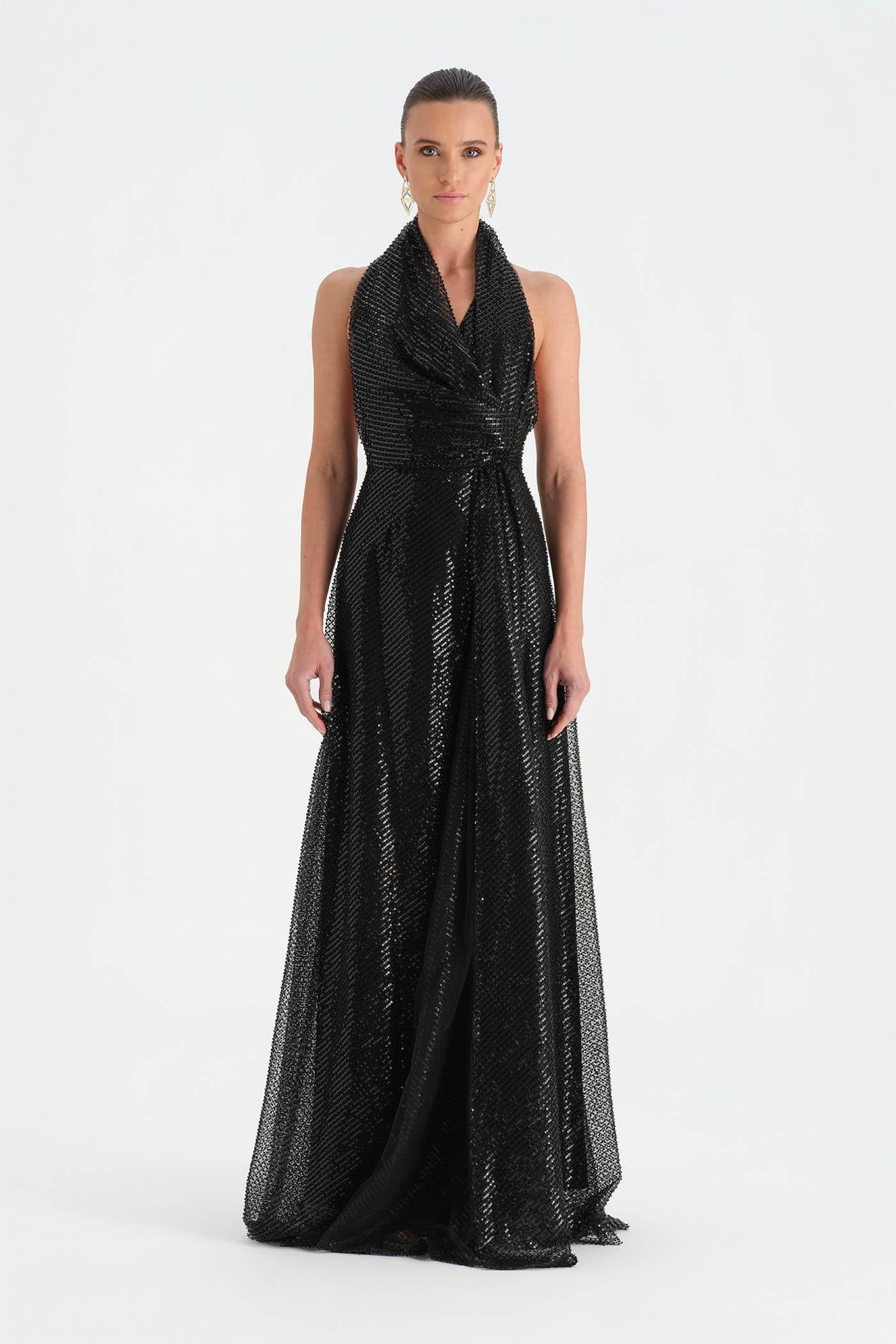 Long Evening Dress with Stone Neck Straps - 26050C