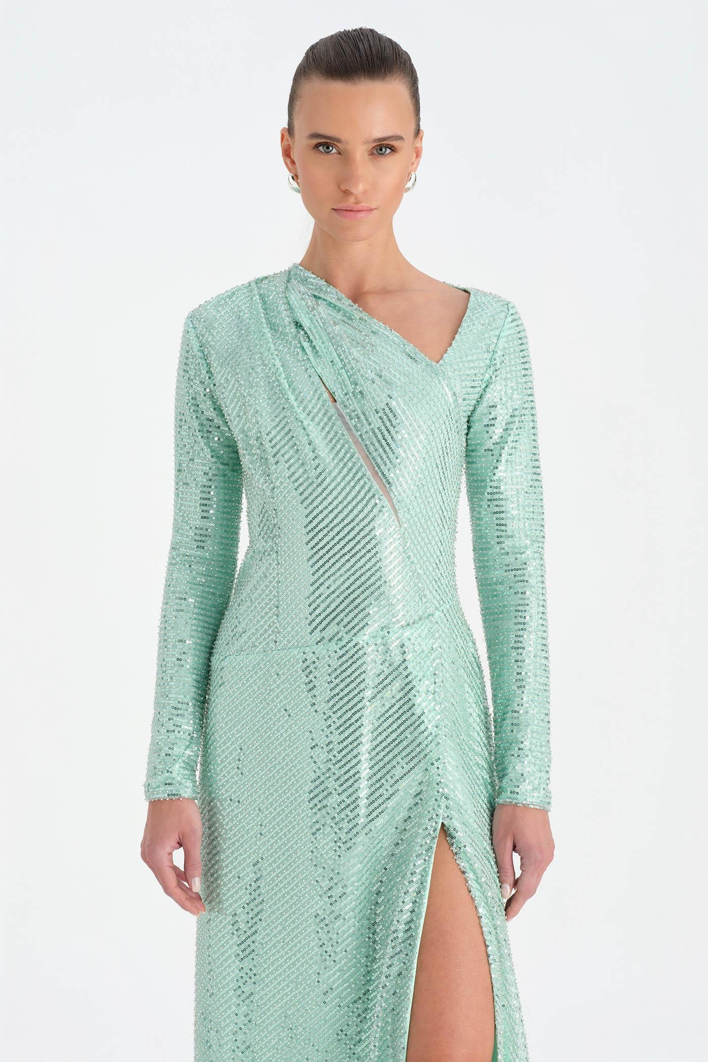 Taşlı Yırtmaçlı Abiye Elbise - 26049C