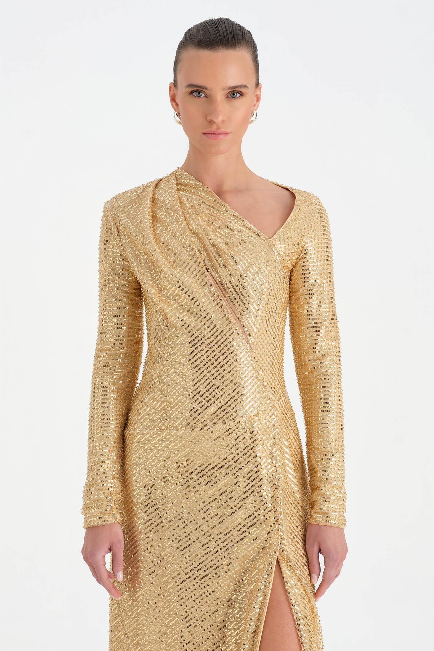 Taşlı Yırtmaçlı Abiye Elbise - 26049C