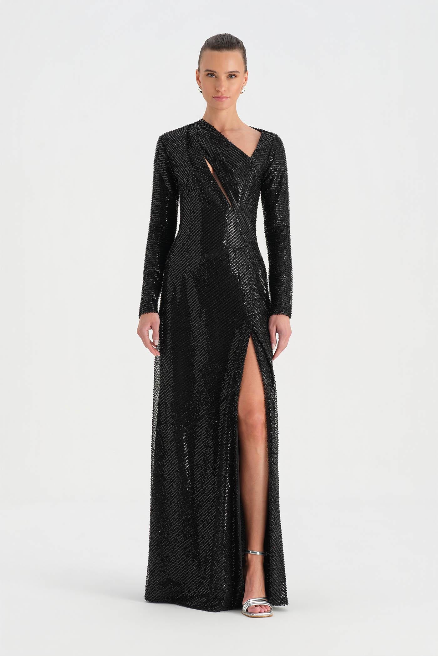 Evening Dress with Stone Slits - 26049C