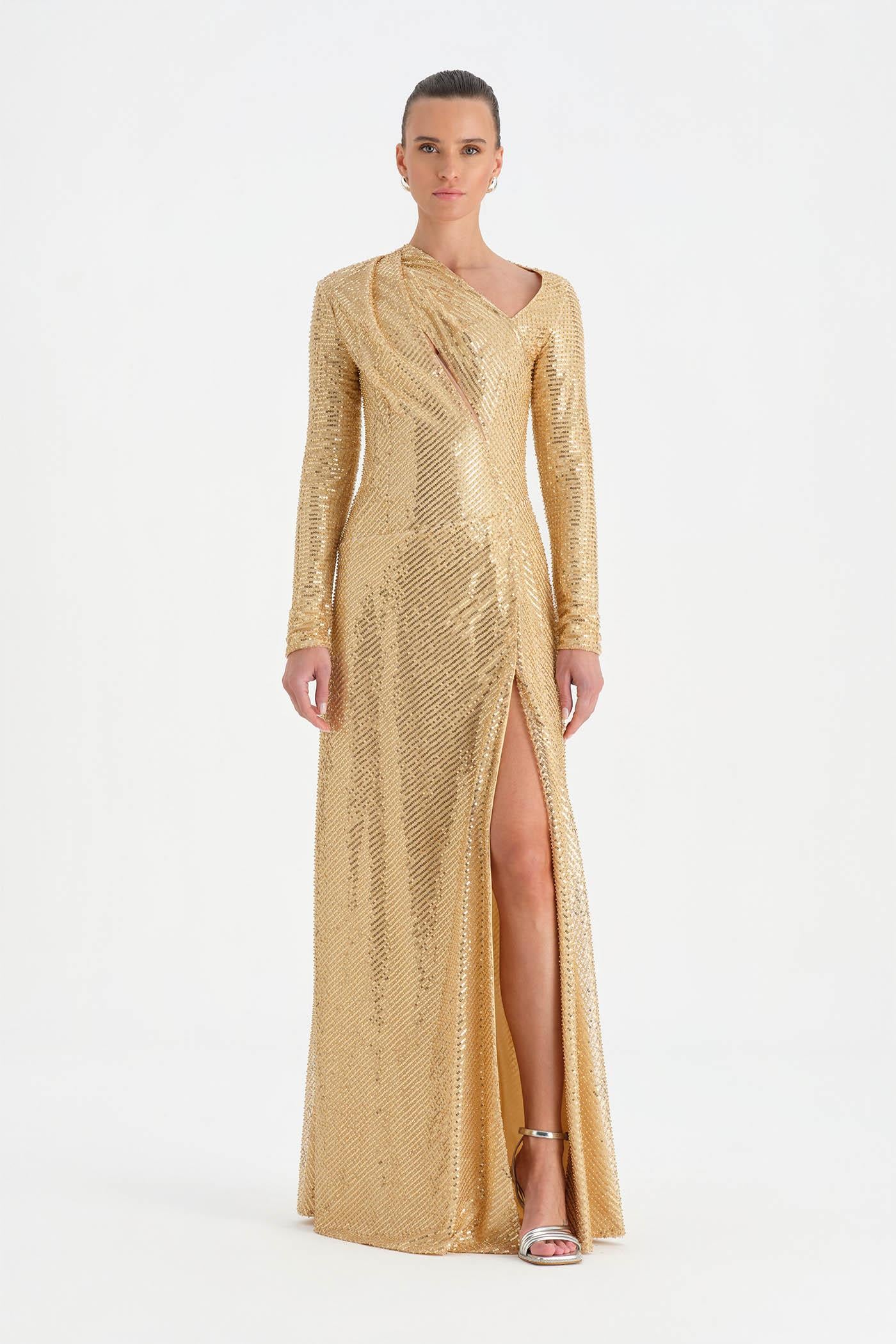 Evening Dress with Stone Slits - 26049C