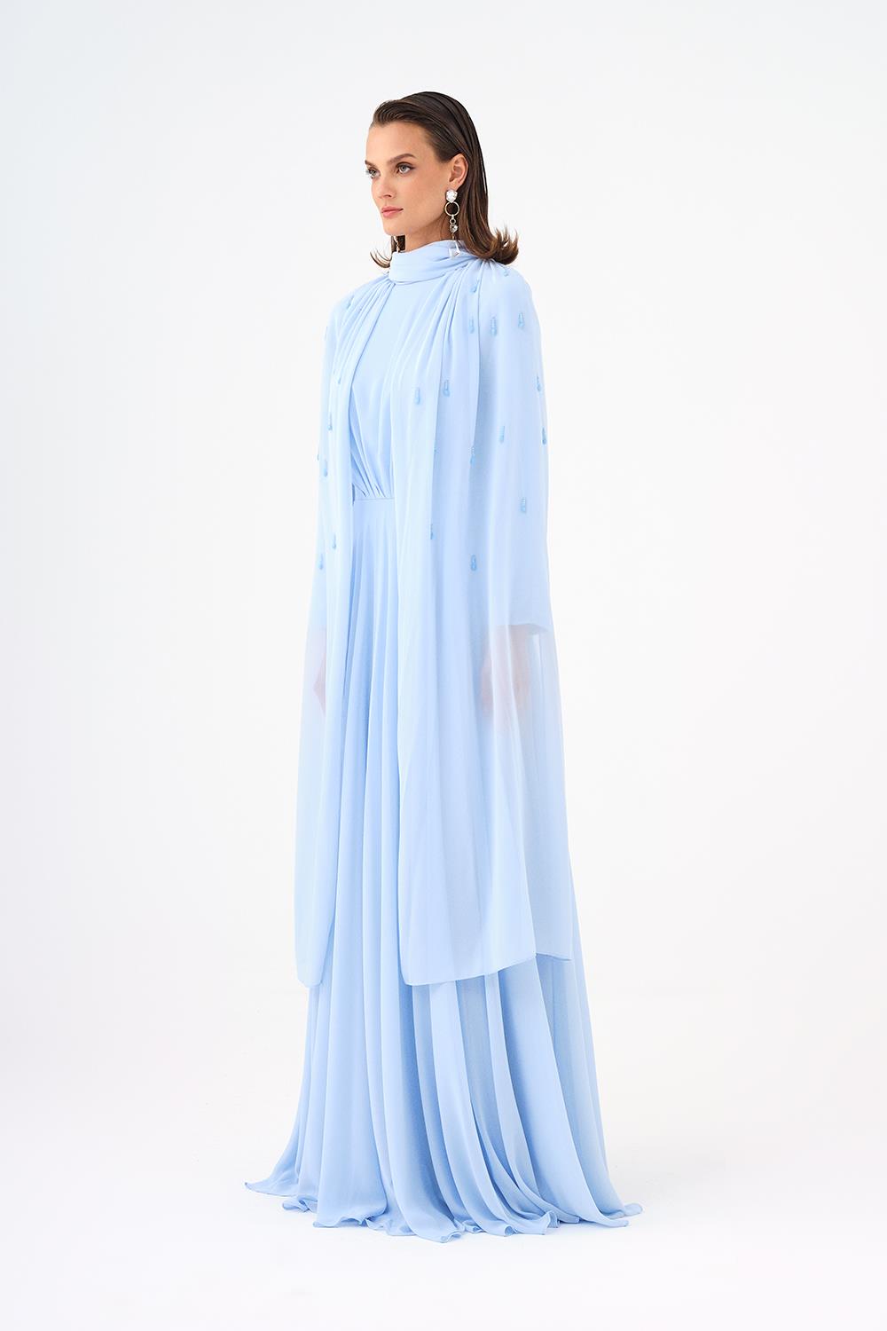 Boncuk İşlemeli Tesettür Şifon Uzun Abiye Elbise Bebe Mavi